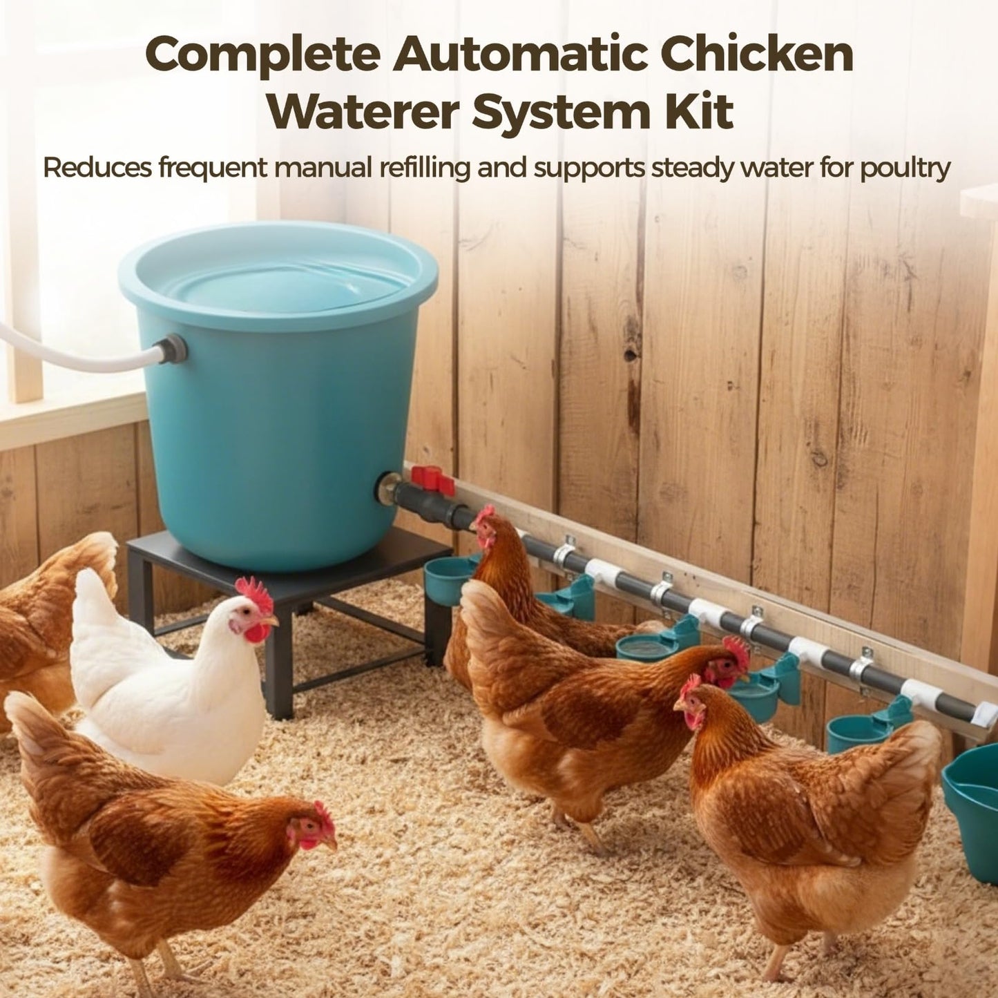 Complete Chicken Automatic Waterer System Kit - Includes 9 Chicken Water Cups, PVC Pipe, T-Joints, Float Valve, Poultry Watering, DIY Chicken Water Feeder for Broiler, Duck, Goose, Farm Birds