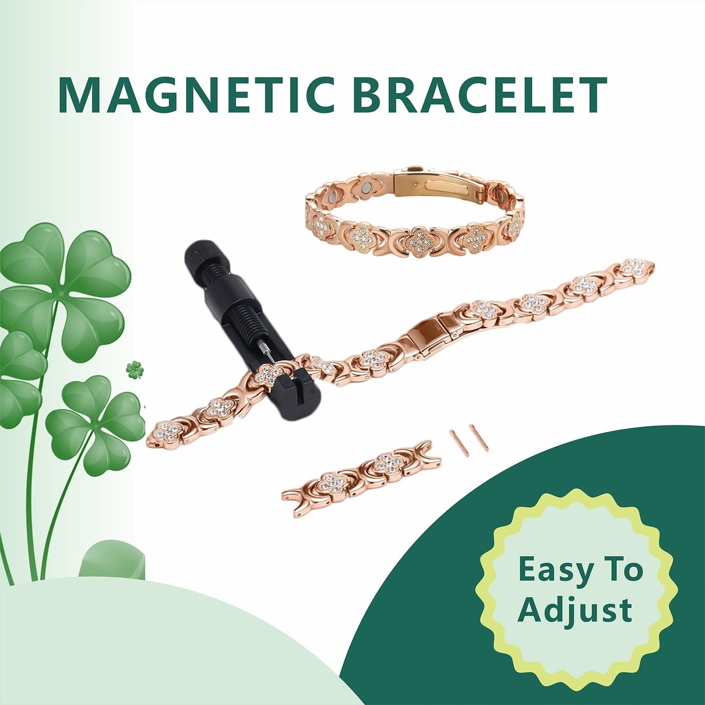 SCSCOZY Magnetic Copper Bracelets for Women with 3800 Gauss Magnets, Pure Copper Bracelet with Four Leaf Clover, Womens Copper Strength Bracelet with Adjustable Cuff for Arthritis