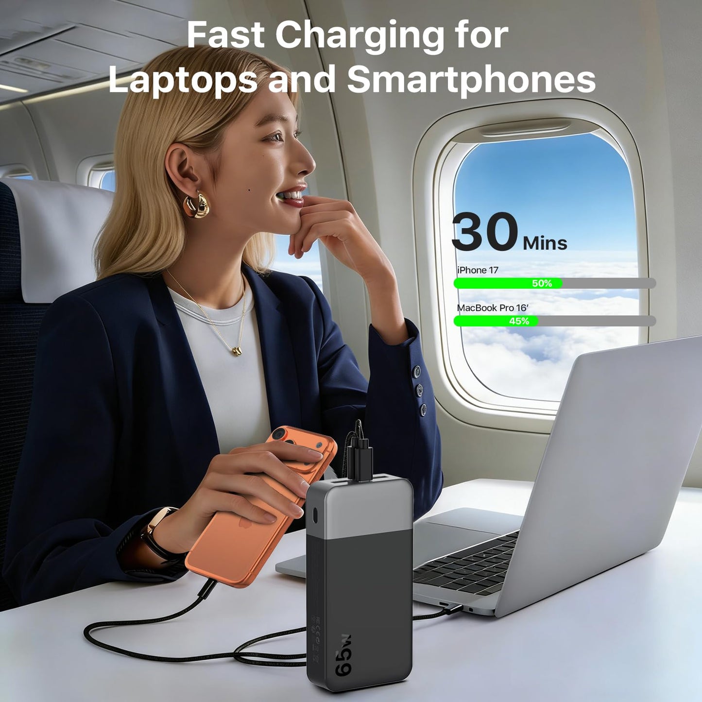 NOBIS 20000mAh Battery Pack Power Bank 65W Power Bank, Portable Charger with Digital Display, Dual USB-C/USB-A Fast Charging for Laptop, Phone, Tablet, Travel-Friendly External Battery Pack