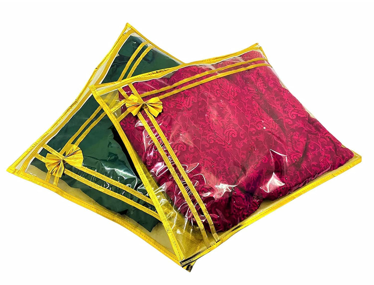 10 piece transparent single Saree/Suit Packing Sari Cover/Bag Organizer with zip for Wardrobe Storage and wedding gifting,dress covers (Golden, Pack of 10)