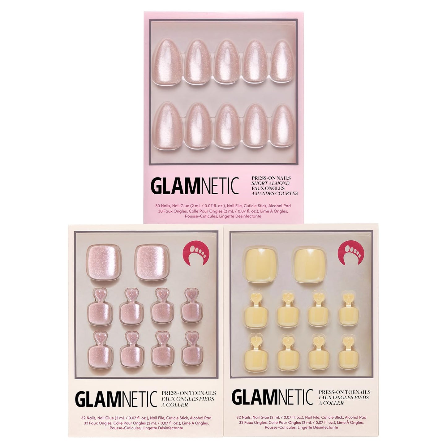 Glamnetic Press-On Nails Bundle - Azure Blue, Hailey & Fairy Dust | Bright Blue Round Fake Nails | Glazed Almond False Nails | Short Oval Beige-Pink Nails with a Metallic Finish