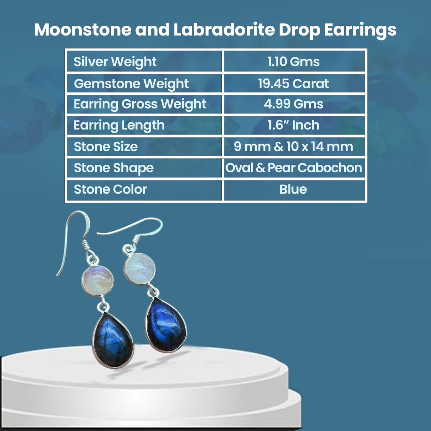 Natural Moonstone and Labradorite Drop Earrings for Women, Sterling Silver, 1.6 Inch Length, 19.45 Carat, Blue and White Gemstones | Gift for Her
