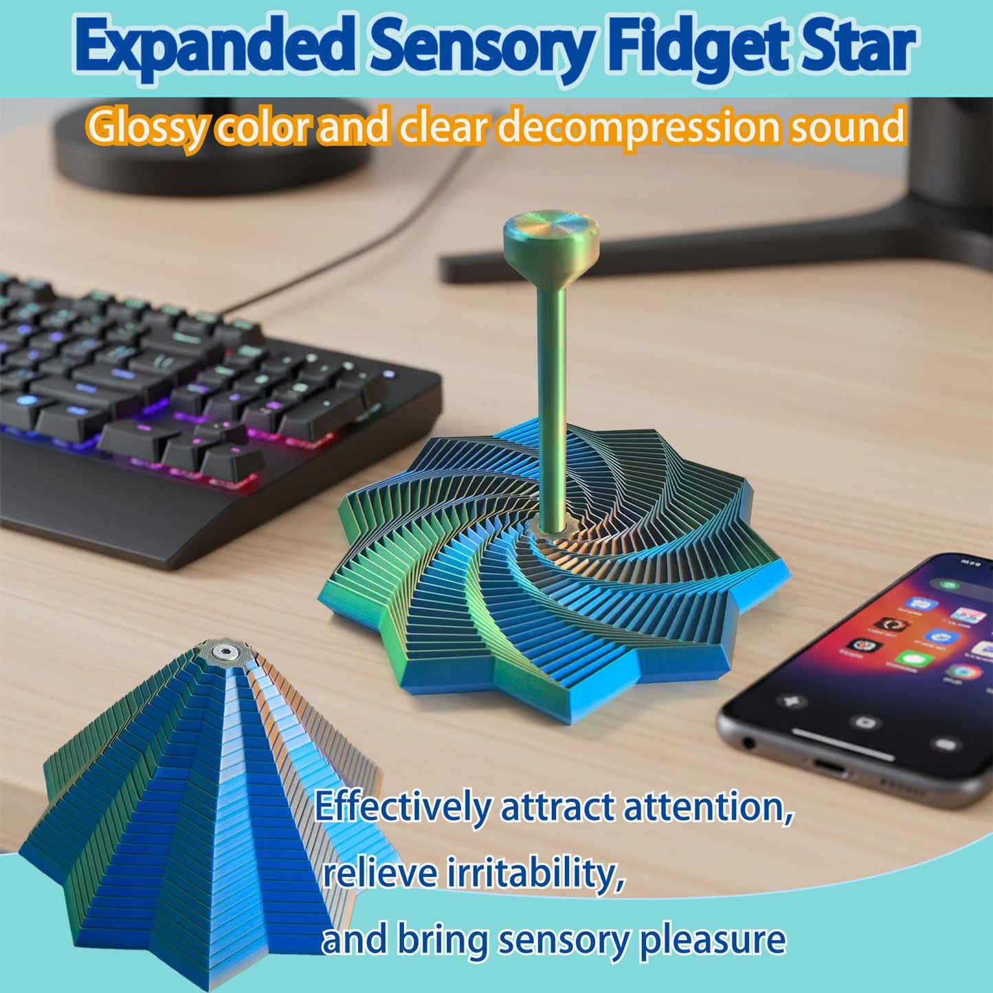 Fidget with Handle, 7-Inch Expanded Sensory Fidget Star, Desk Fidgets for Adults with ADHD