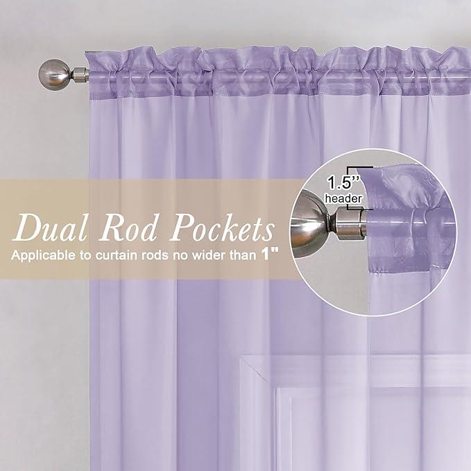Lecloud Light Purple Sheer Curtains 84 Inches Long 2 Panels, Double Rod Pocket Window Dining Room/Living Room Lavender Curtain, Light Filtering Solid Voile Girls Bedroom Drapes, 40X84 Inch