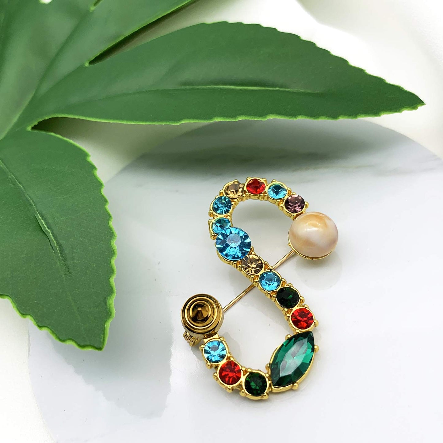 XGALBLA Letters S Plated Metal Stone Clear Colorful Crystal Lapel Pin Brooches Collar(Gold Tone)
