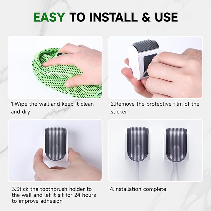 2 Pcs Toothbrush Holders Wall Mounted, Single Slot Design, Shower Self Adhesive Wall Mounted Toothbrush Holder with Cover, Waterproof and Dustproof, Suitable for Bathroom, Family, Travel (Grey)