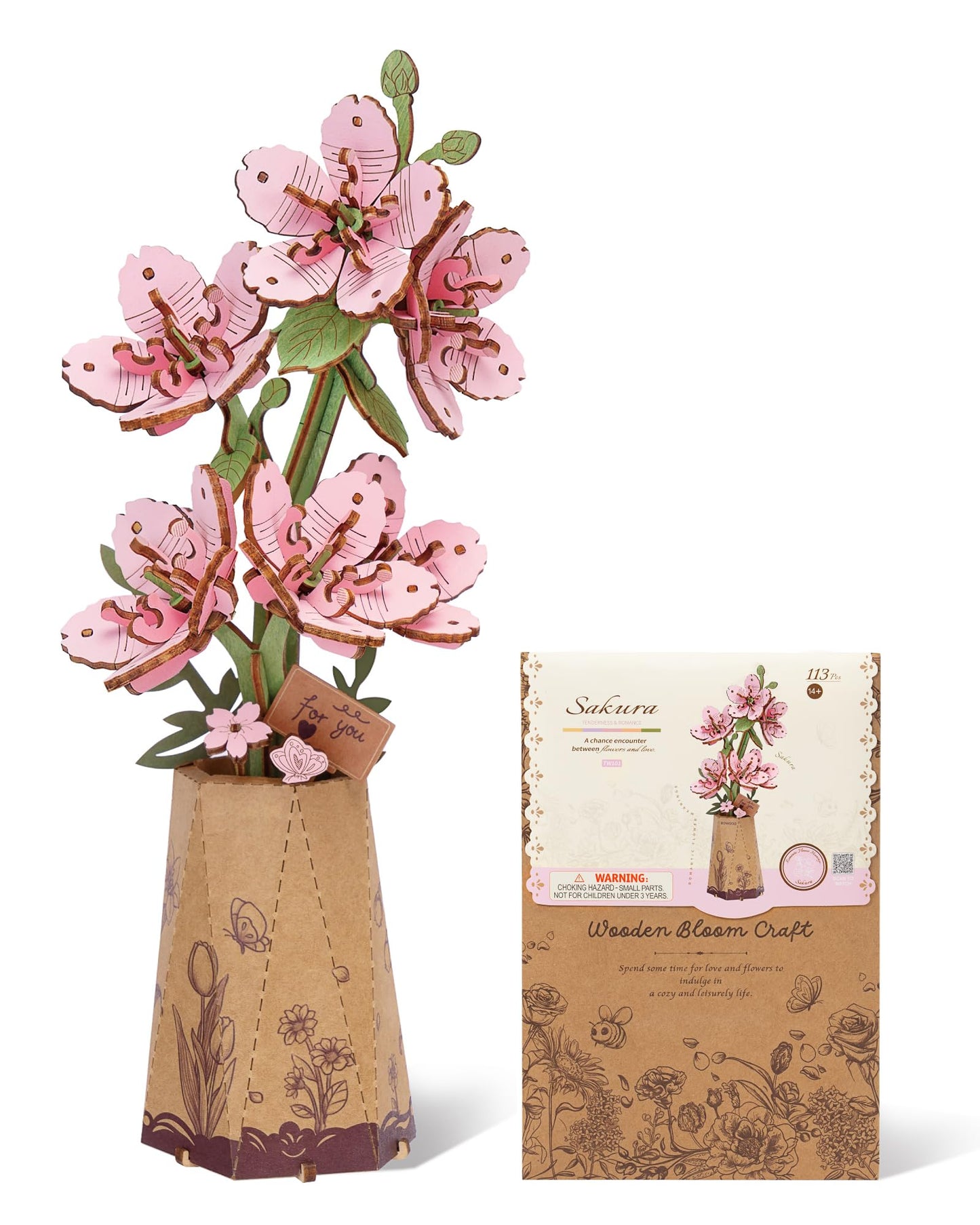 ROBOTIME 3D Puzzle Sakura TW101, DIY Wooden Flower Craft, Artificial Flowers Model Kit to Assemble for Adults, Home Decoration and Valentine's Day Toy Gift Set