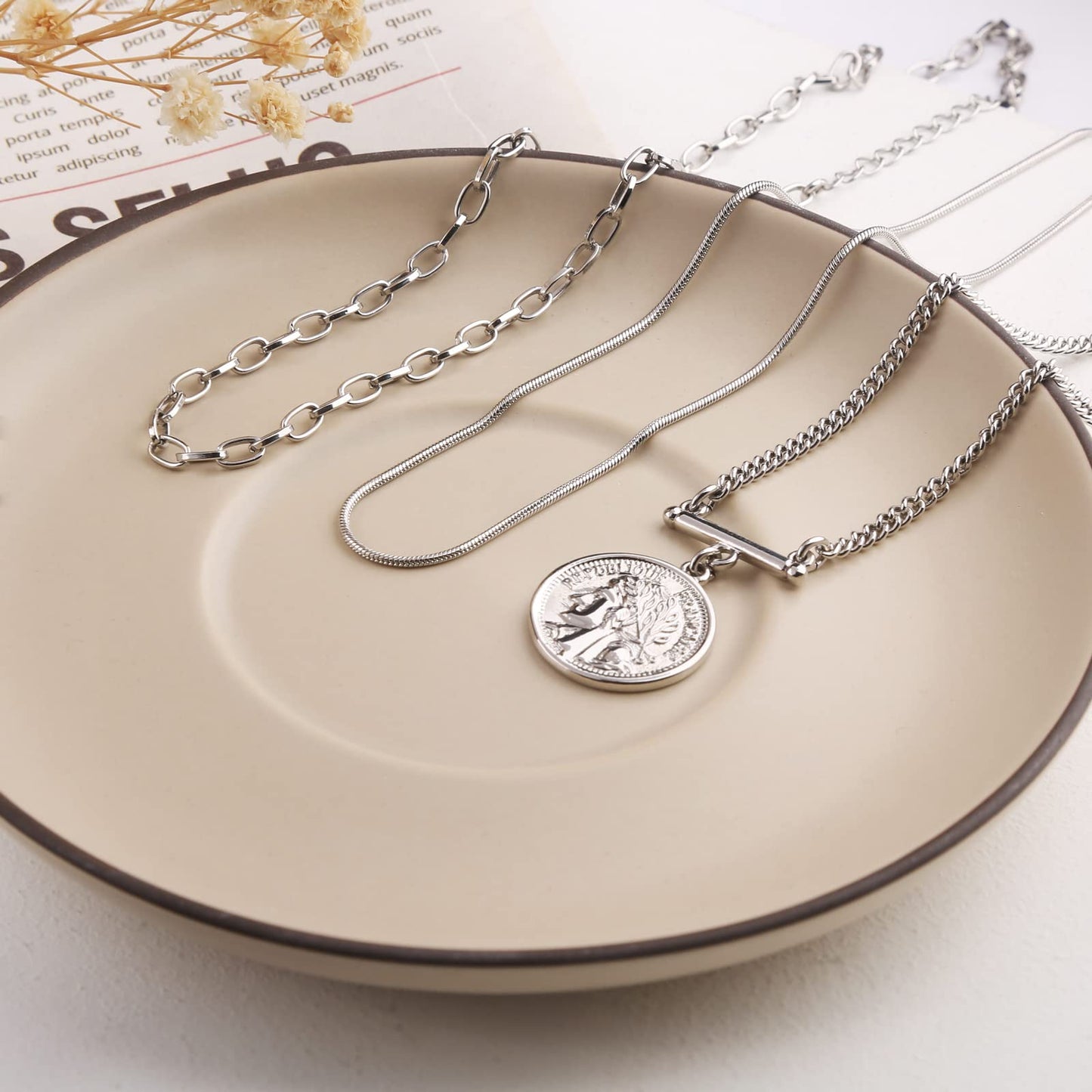 LANE WOODS Gold Plated Necklaces for Women - Multilayer Coin Medallion Pendant Necklace Adjustable Layering Choker Necklaces Chain Set Jewelry（Coin Medallion-Silver）
