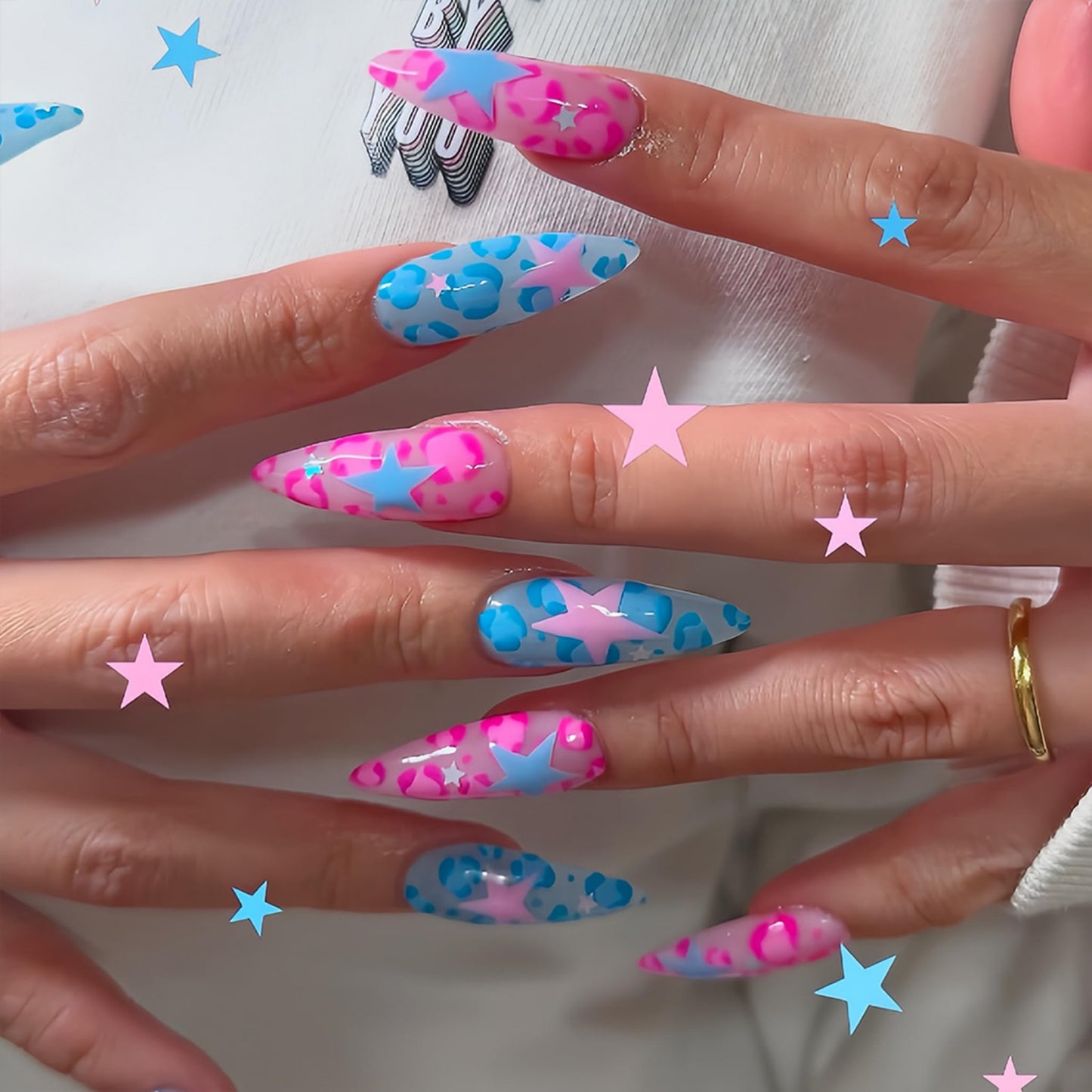 Long Press on Nails Almond Fake Nails Pink Acrylic Nail Press Ons Seeneey Blue Stars Designs Stick on Nail for Women 24pcs