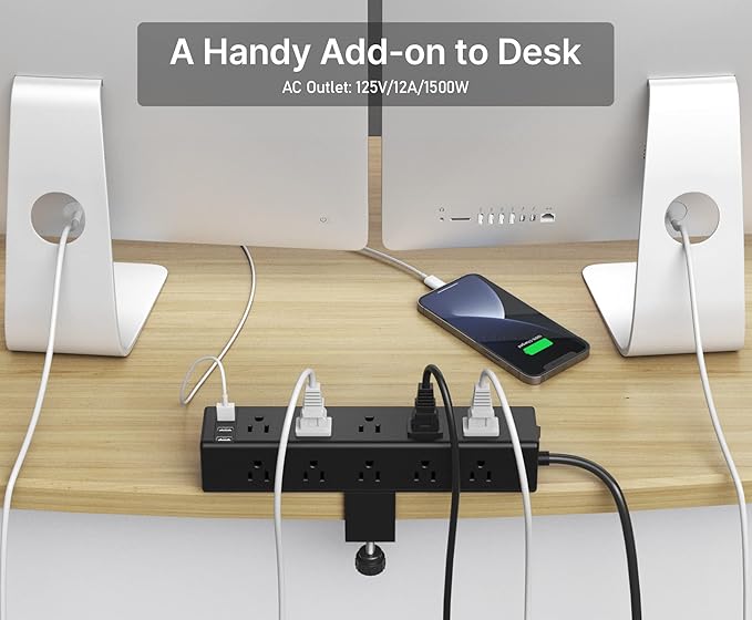 CCCEI Standing Desk Clamp Power Strip with 15 Outlets, Black Desktop Edge Mount Surge Protector Outlet, Fast Charging USB-A and 45W USB-C Ports, 15 FT Flat Plug, Black Fit 1.6 inch Table top.