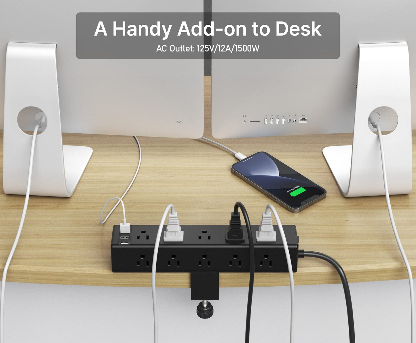 CCCEI Standing Desk Clamp Power Strip with 15 Outlets, Widely Spaced Desktop Edge Mount Surge Protector Outlet, Fast Charging USB-A and USB-C Ports, 6 FT Flat Plug, Black Fit 1.6 inch Table top.