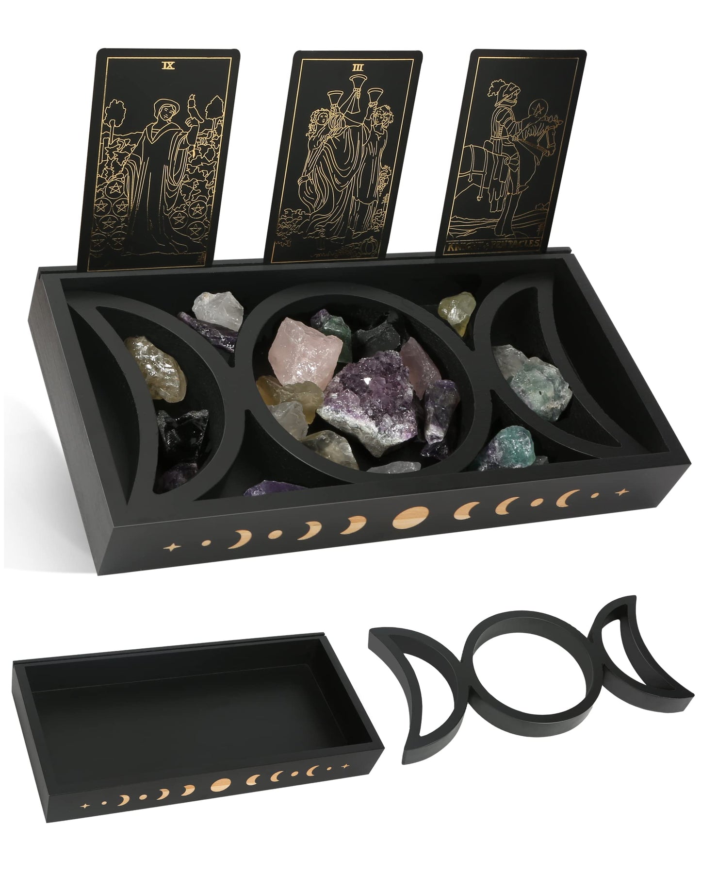 Mooncraftlogy Crystal Tray for Stones, Triple Moon Gemstone Holder Box, 3 Tarot Card Stand for Affirmation Cards, Wicca Display, Detachable Rocks, Essential Oil Organizer, Witch Altar Gift (Black)
