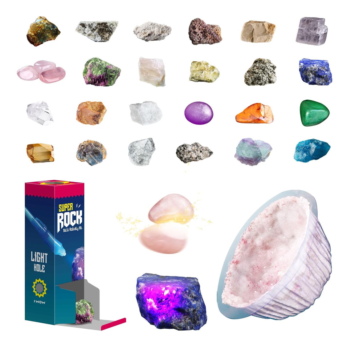 EDUMAN Super Rock Multi Activity Kit - 24 Genuine Rock Specimens, Geode Making & Crystal Growing STEM Science Toy for Kids Ages 8+ - Includes UV Light, Magnifying Glass & Darkroom Observation Box