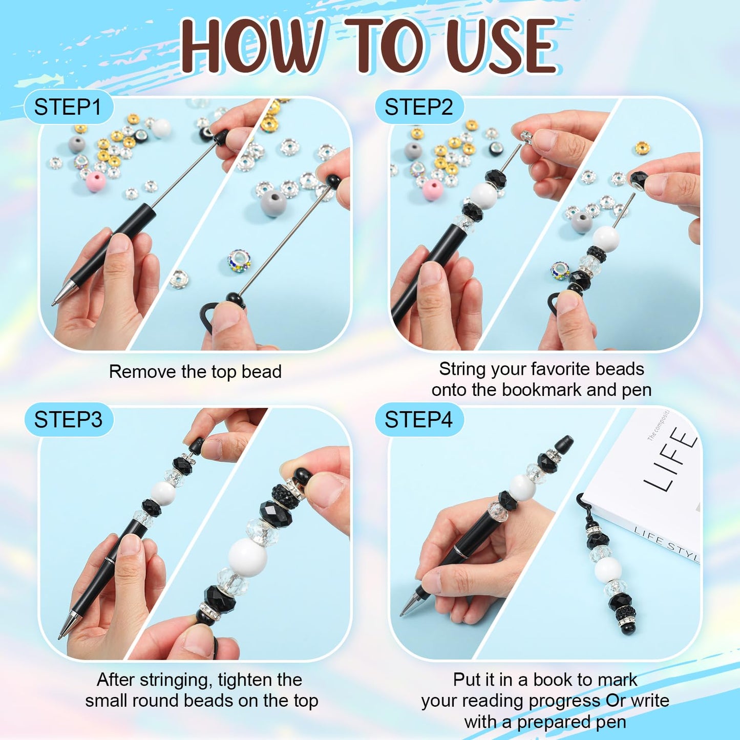 Kolldenn 56 Pcs DIY Beadable Bookmarks and Beadable Pens Kit Multicolor Bulk Metal Bookmarks Black Ink Pens with Refills Pen Packaging for Student Teacher School Craft Gift