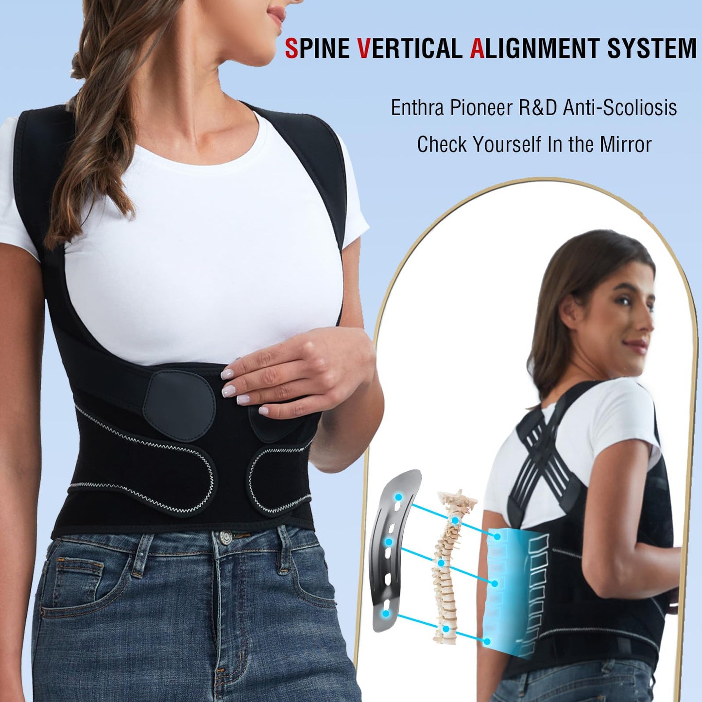 Enthra Back Brace Posture Corrector for Women and Men with Spine Vertical Alignment System, Lower Back Pain Relief, Back Straighter Instant Posture Corrector - Scoliosis (Black, Medium (Waist 32"-40"))