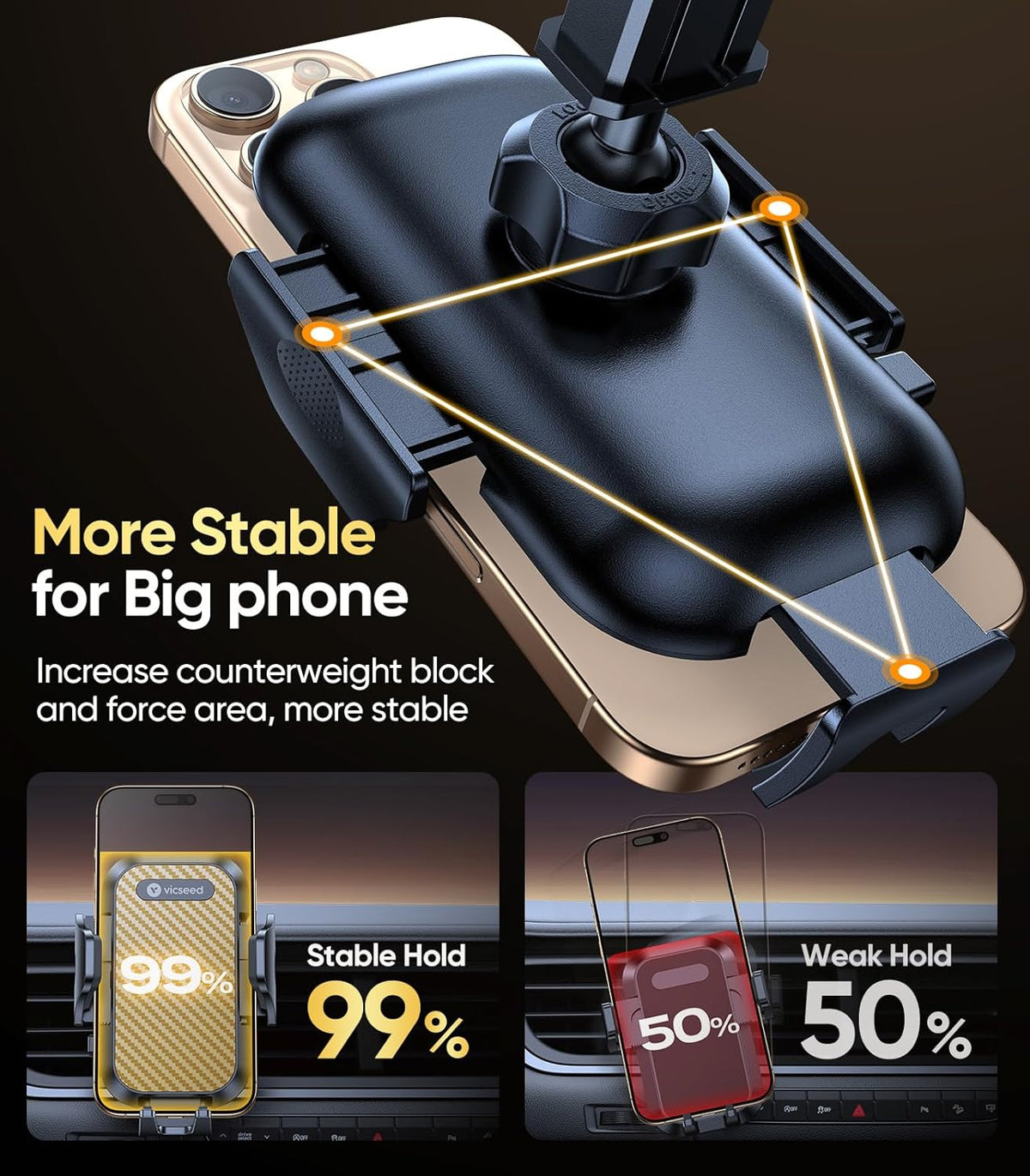 VICSEED Gold Phone Holders for Your Car, [True Military-Grade Strongest Suction Power], 3-in-1 Dashboard Windshield Vent, Truck Boat Stand Cell Phone Mount for iPhone Android All Phones