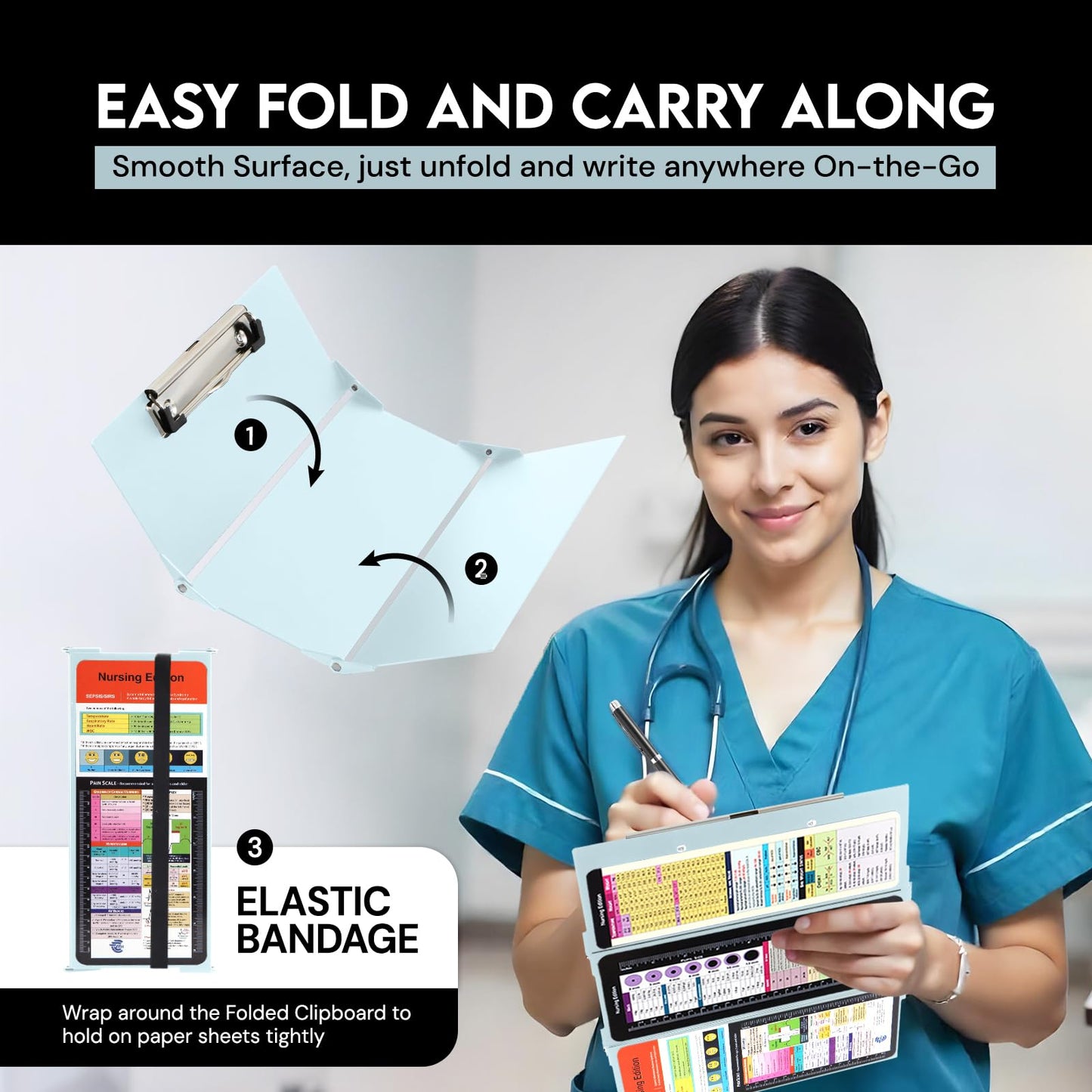Nursing Clipboard Foldable with Medical Edition Cheat Sheets, 3 Layers Aluminum Foldable Clipboard for Nursing, Notepad for Students, Nursing School Essentials (Mint)