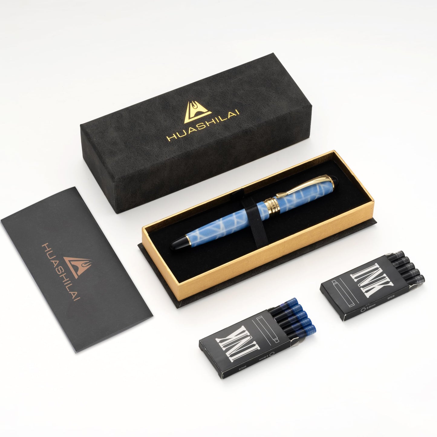HUASHILAI Luxury Fountain Pen Set – 46g Metal Calligraphy Pen with Gift Box, 2 Ink Cartridge Sets (Black & Blue), Flex Nib Writing Pen for Beginners & Professionals (Sky Blue)
