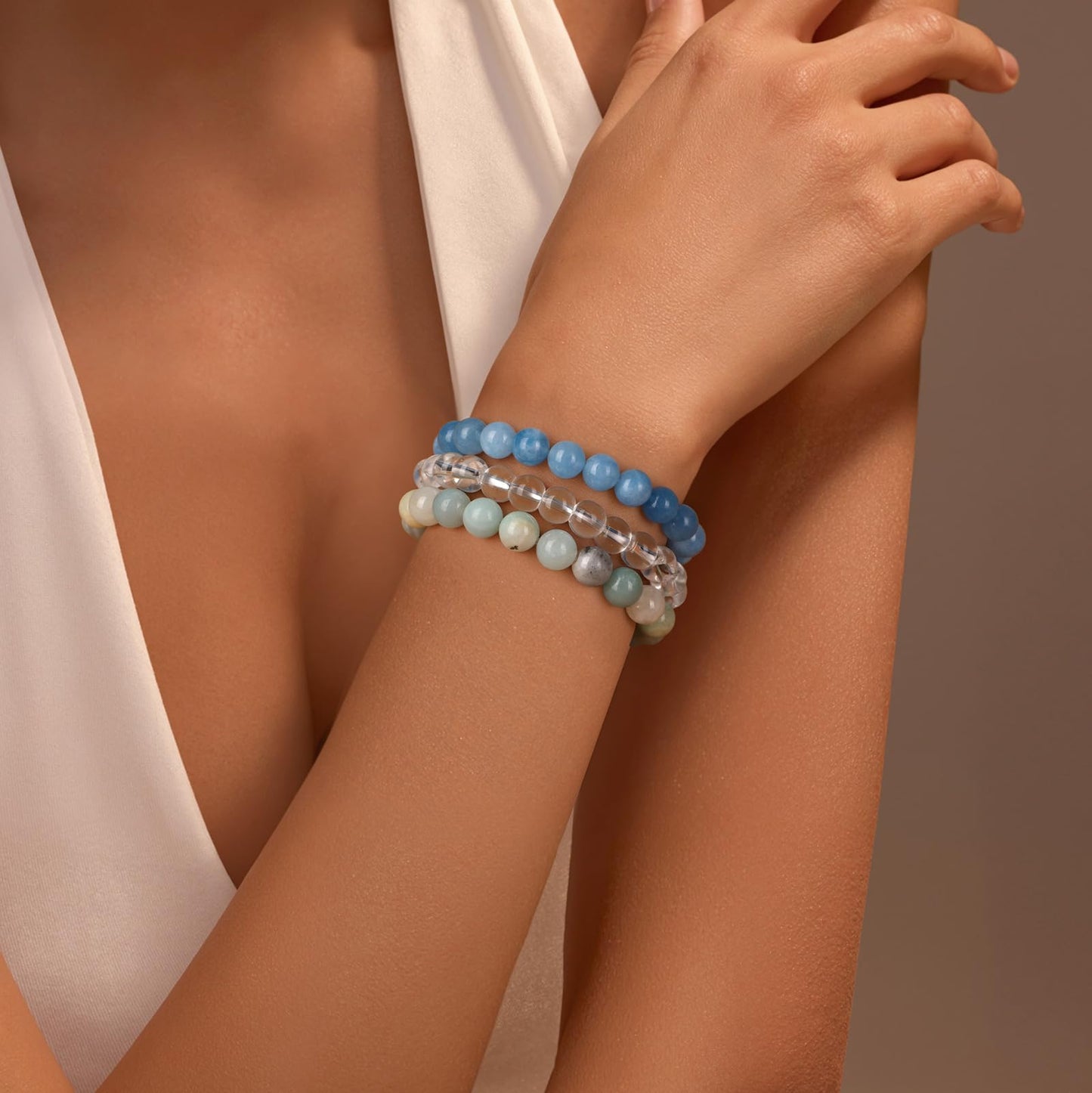 Vinswet Healing Crystal Bracelets for Women Men 8mm Angelite Amazonite Clear Quartz Natural Stone Beaded Stretch Bracelet Triple Protection Handmade Gemstone Reiki Spiritual Jewelry Gifts