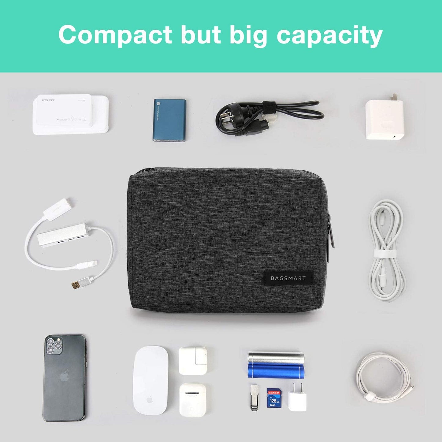 BAGSMART Electronics Organizer Travel Case, Small Cord Bag for Travel Essentials, Tech bag for Men Women, Cable Organizer for Phone, SD Card, Black