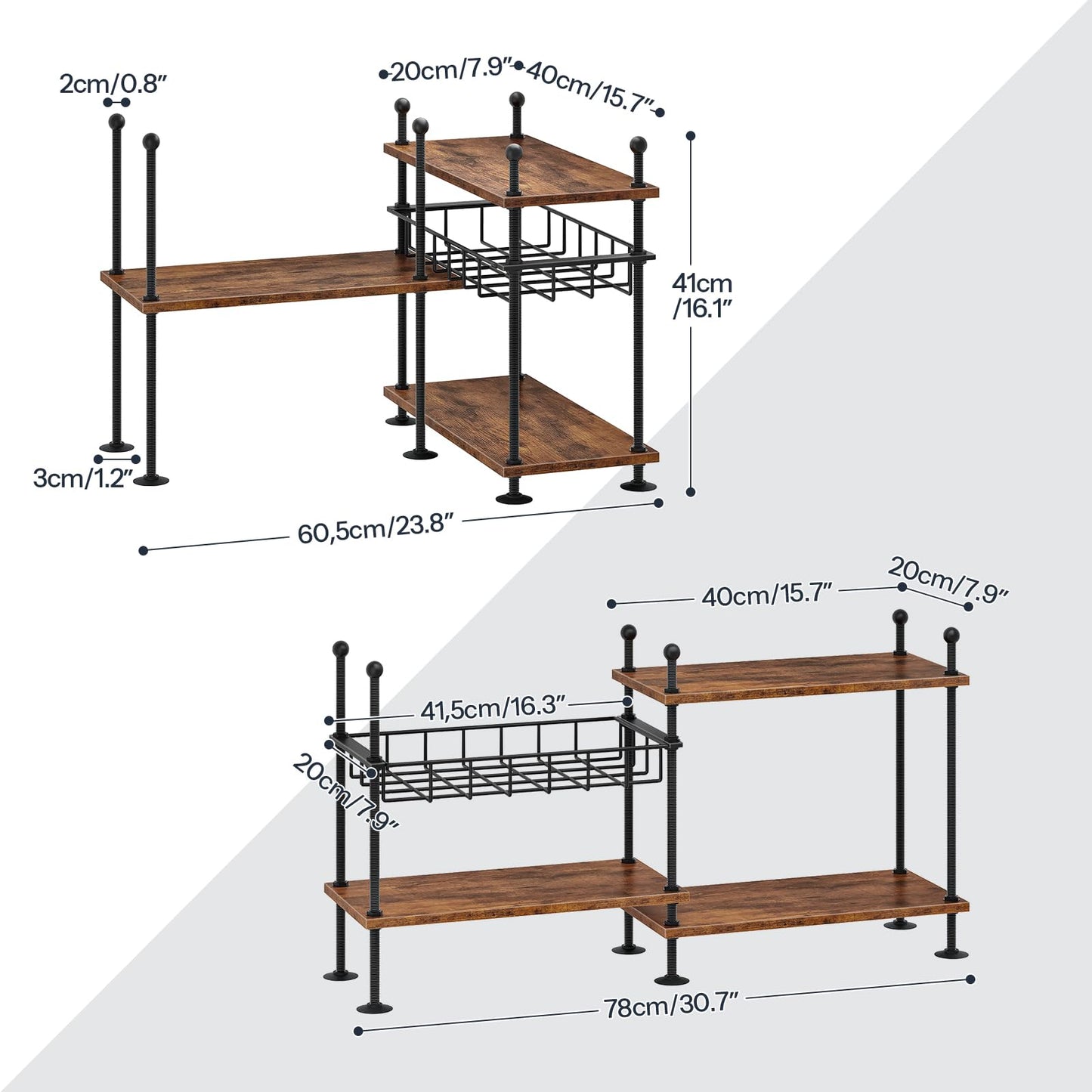 HOOBRO Kitchen countertop Organizer, 4-Tier Adjustable Kitchen Storage Shelf with Rods & Leveling Feet, 3 Configurations, for Cabinet, Countertop, Bathroom, Office, Rustic Brown and Black BF21TL01