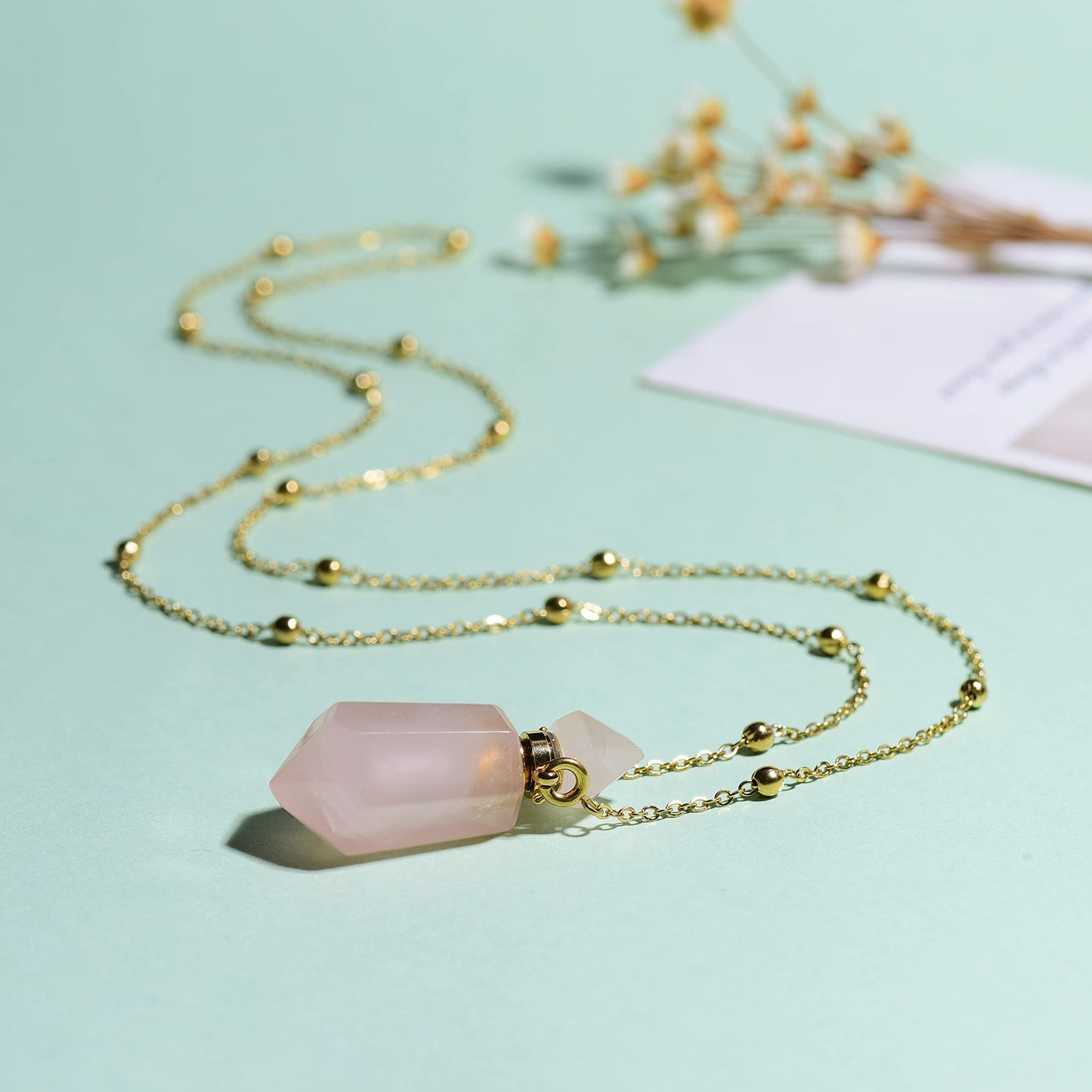 QIQIXIN Rose Quartz Perfume Bottle Necklace Aromatherapy Necklace Hexagonal Pointed Essential Oil Diffuser Necklace for Women Vial Necklace (rose quartz)