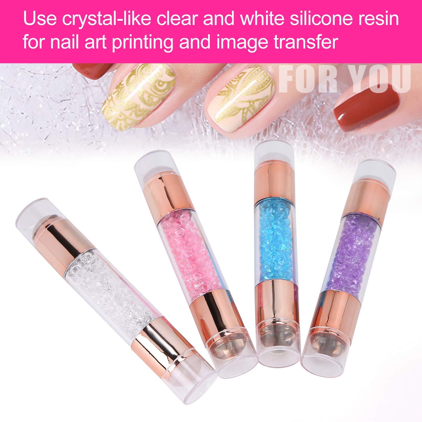 4Sets Dual Ended Nail Stamper Kit, Manicure Art Stampers Silicone Stamp Pens Double Ended W/Nail Seal Plate for Home Nail Salon Manicure Tools DIY Nail Art Designs