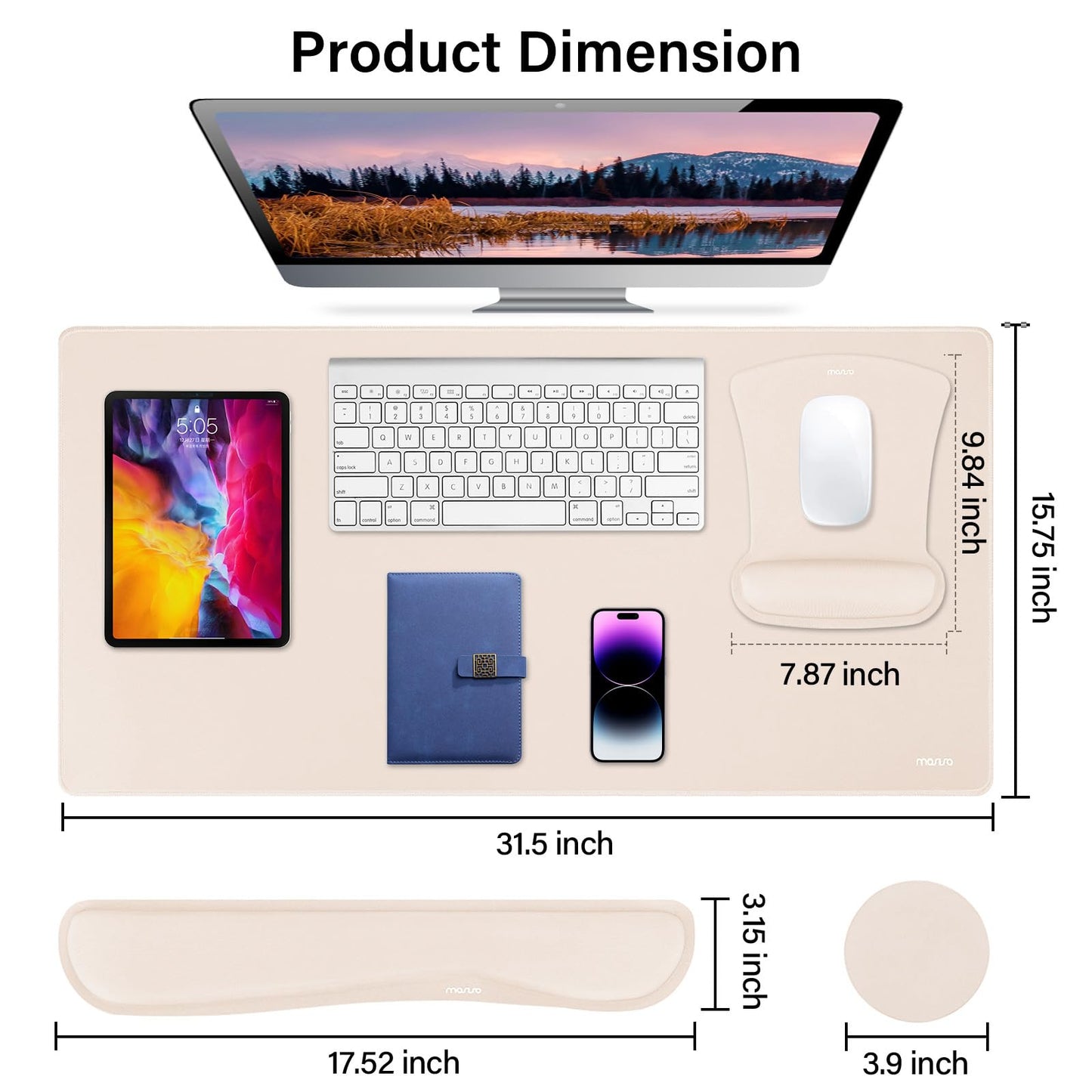 MOSISO Keyboard Mouse Pad Set, Large Gaming Mousepad&Keyboard Wrist Rest&Mouse Wrist Rest&Coaster, Ergonomic Non-Slip Mousepad&Easy Typing Cushion with Memory Foam for Home Office, Apricot