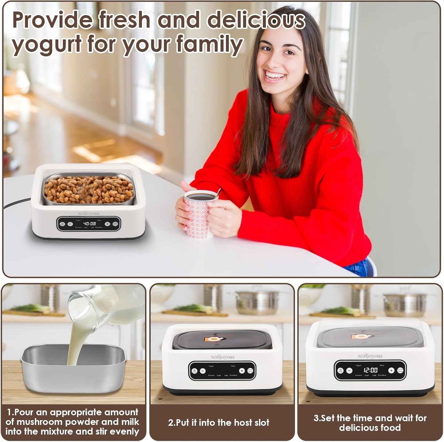 Genuine sealjoyous Yogurt Maker Machine with Adjust Temp(21°C-45°C/70°F-113°F)&Time(1-99h)304 Stainless Steel Inner Bowl(1.6 Quart) (Standard version)