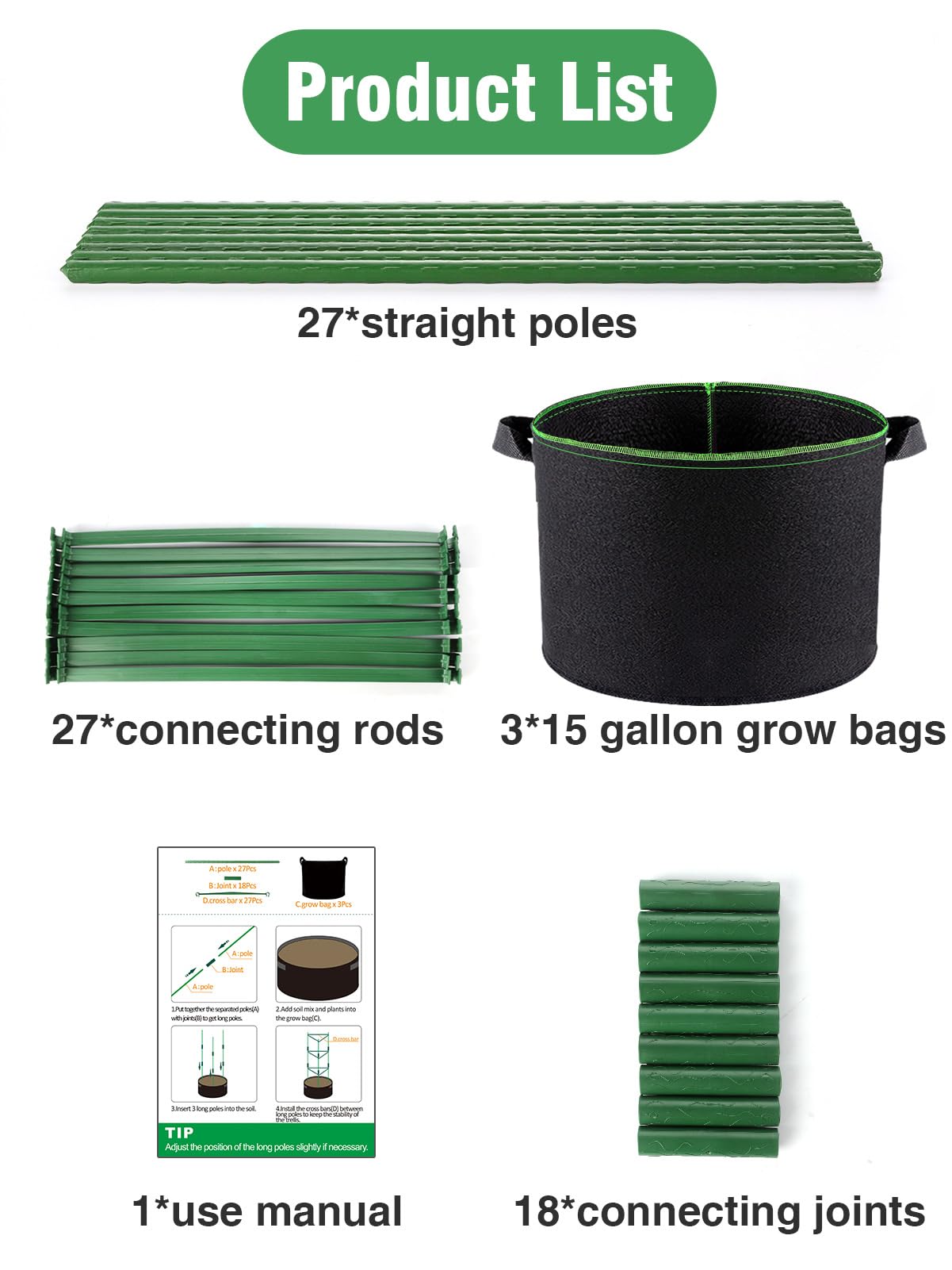 ANPHSIN Sturdy Triangle Tomato Cage with Movable 15 Gal Grow Bags - 3 Sets 47'' Plants Garden Trellis Planters, Support for Indoor Outdoor Beans, Peppers, Eggplants, Climbing Vegetables