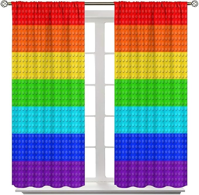 Colorful Building Block Toy Curtain Rod Pocket Children's Nursery Rainbow Contour Plastic Toy Brick Geometric Print Pattern Curtain Boys Girls Bedroom Playroom 2 Panels 72x63in