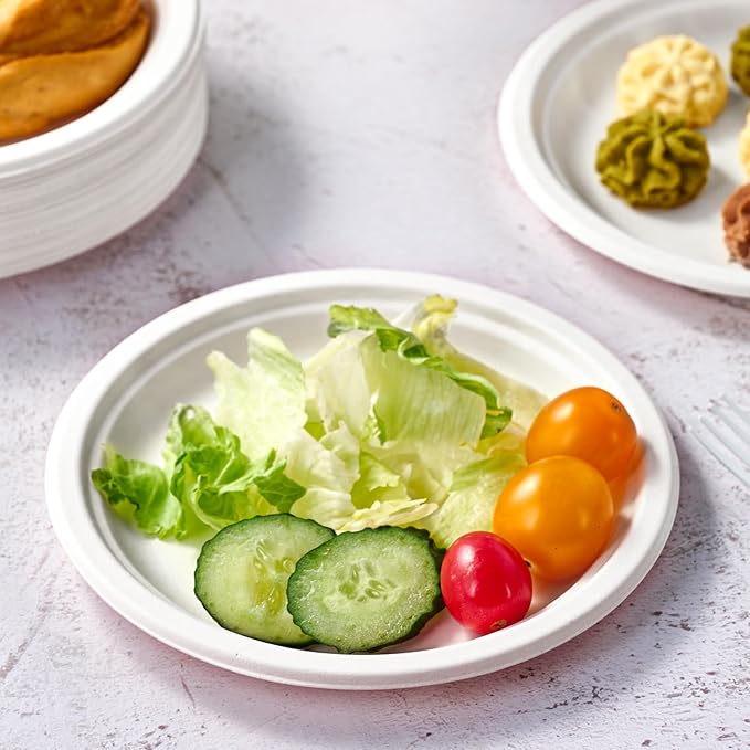 Vplus 350 Pack Paper Plates 7 inch 100% Compostable, Heavy-Duty Disposable Paper Plates Bagasse Natural Biodegradable Eco-Friendly Sugarcane(White)