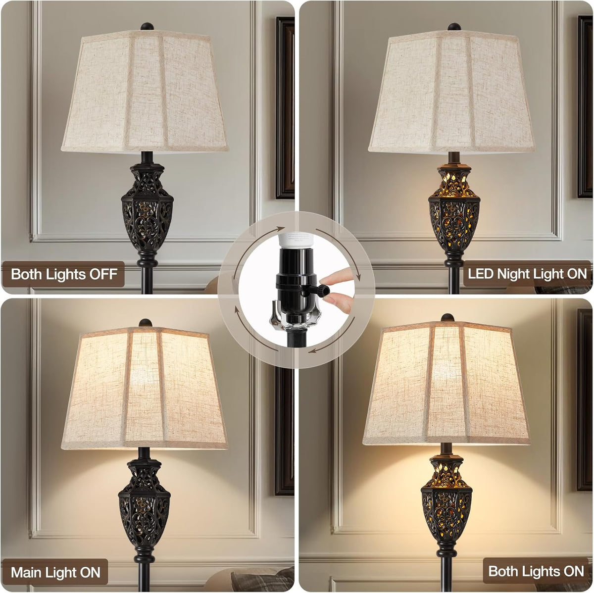 Luvkczc Vintage Black Floor Lamp - Hand-Painted Gold Resin with 6-Sided Carved Hollow Nightlight, Traditional Standing Lamp for Living Room, Bedroom, Study (Bulb Included)