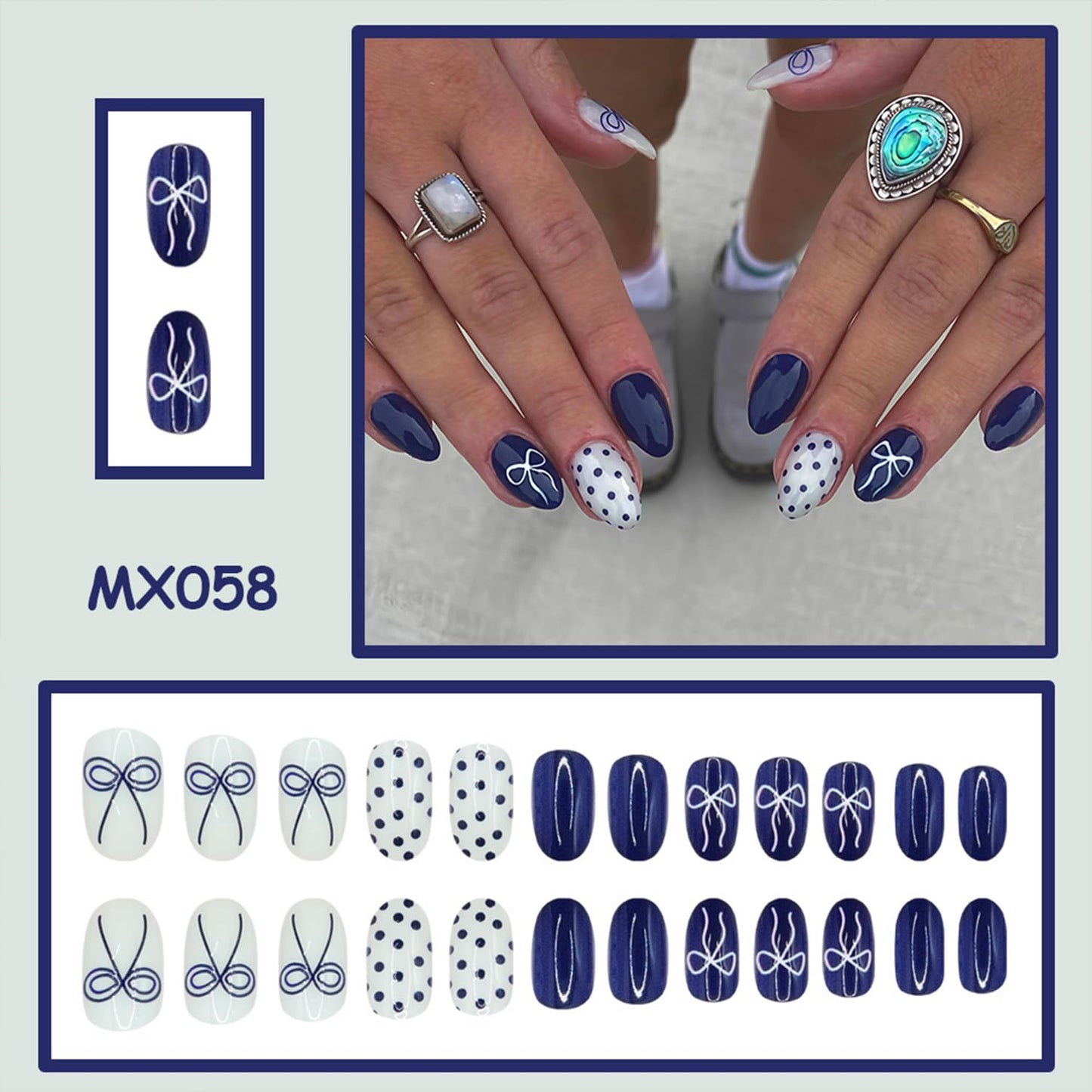 Short Press on Nails Almond Fake Nails with White Bow Designs Polka Dot Nails Press ons Blue Full Cover False Nails Spring Summer Acrylic Nails Glossy Reusable Glue on Nails for Women Daily
