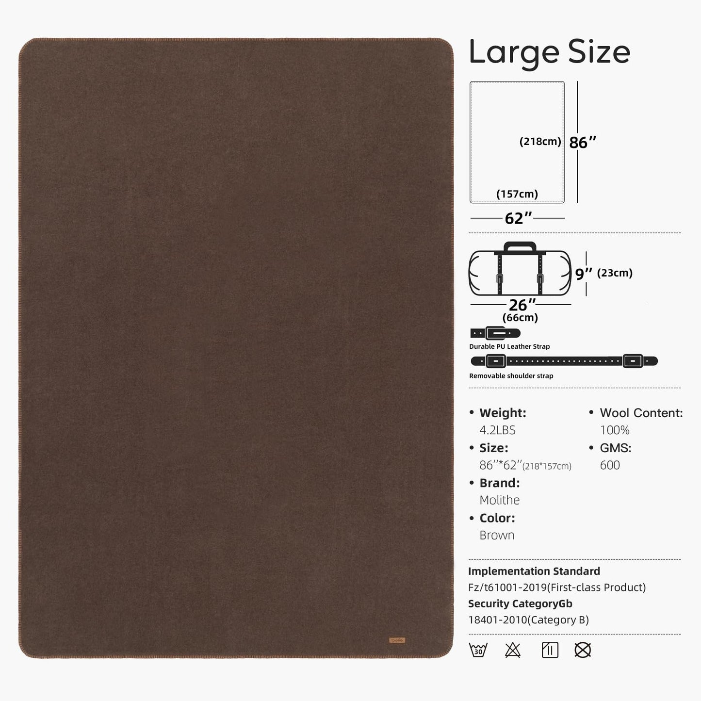 Molithe 100% Wool Blanket, 62" x 86", Warm, Thick, Washable, Military Wool Blanket, Great for Camping, Outdoors, Sporting Events, Survival Kits, Brown