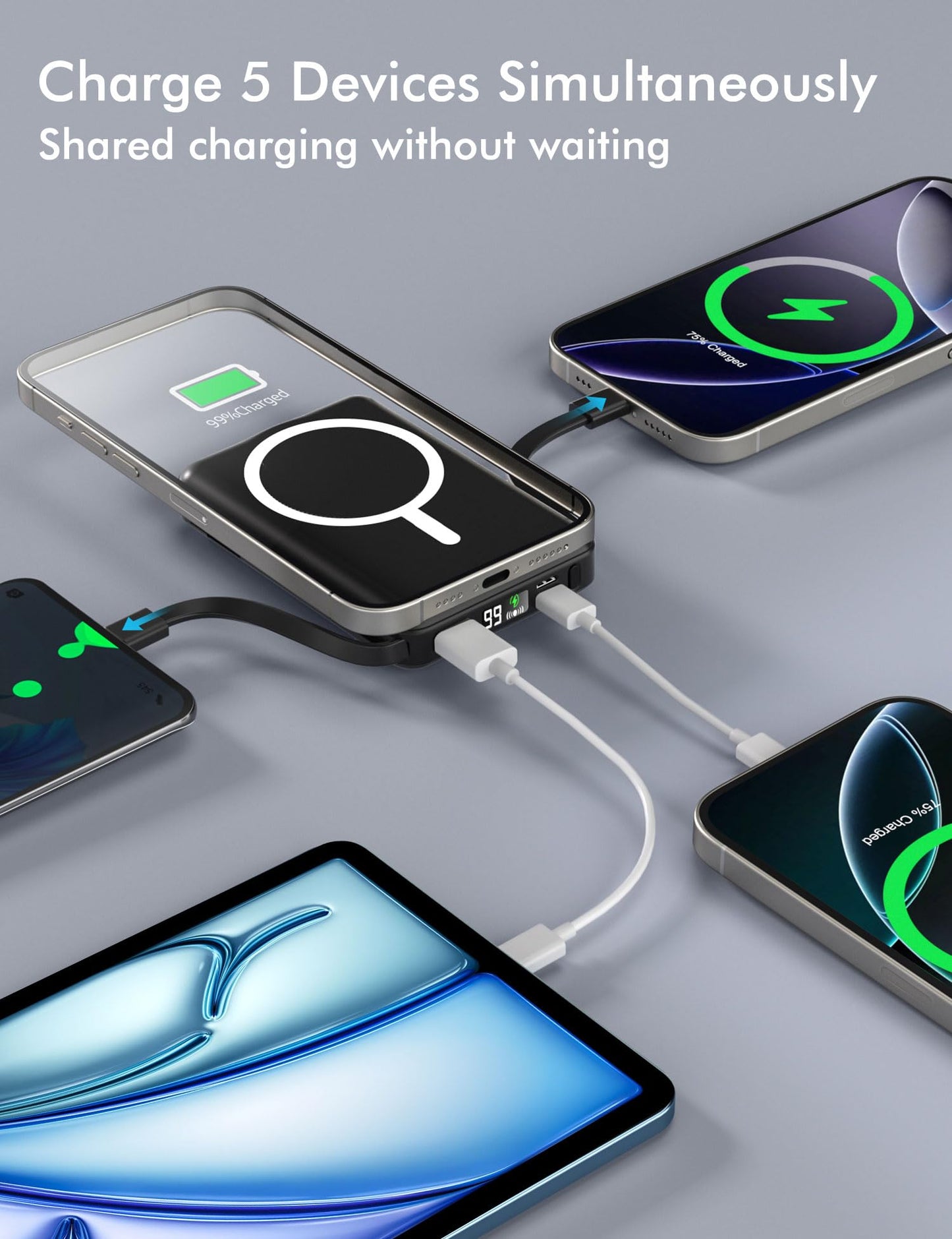 podoru for Magsafe Battery Pack, 10000mAh Magnetic Power Bank Built-in Double USB C Cables 20W PD Fast Charging LED Display Wireless Portable Charger for iPhone 17/16/15/14/13/12 Series-Black
