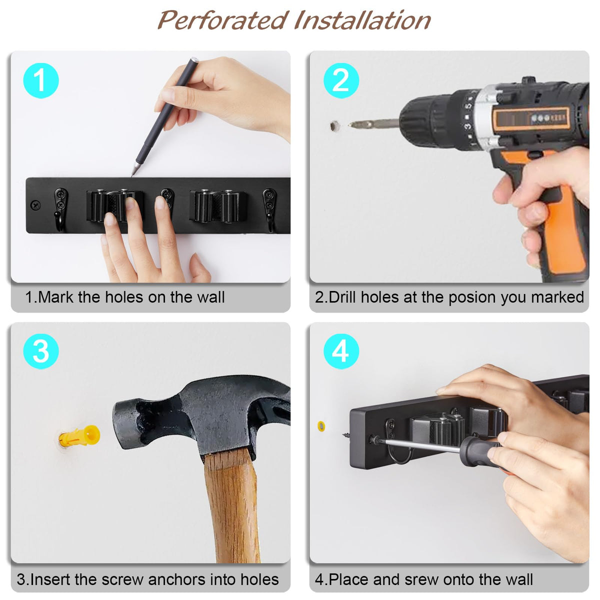 2 Pack Black Mop Broom Holder Wall Mount