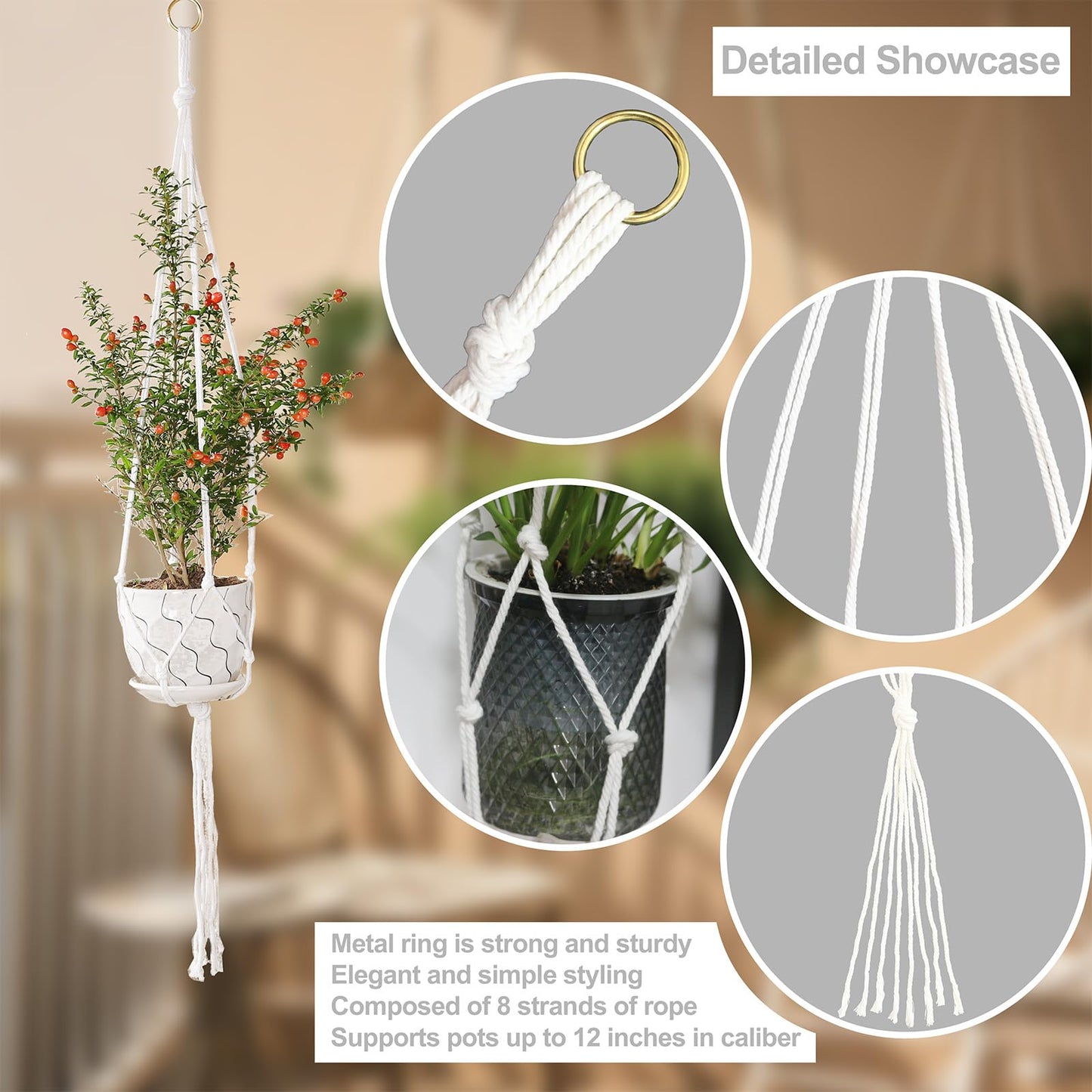 vriysei 3 Pack Macrame Plant Hanger Indoor, 35 41 47 Inch Handmade Boho Hanging Planter Basket with Screw Hooks S-Hooks and Extension Rope for Indoor Plants Home Decor (POTS NOT Included) (White)