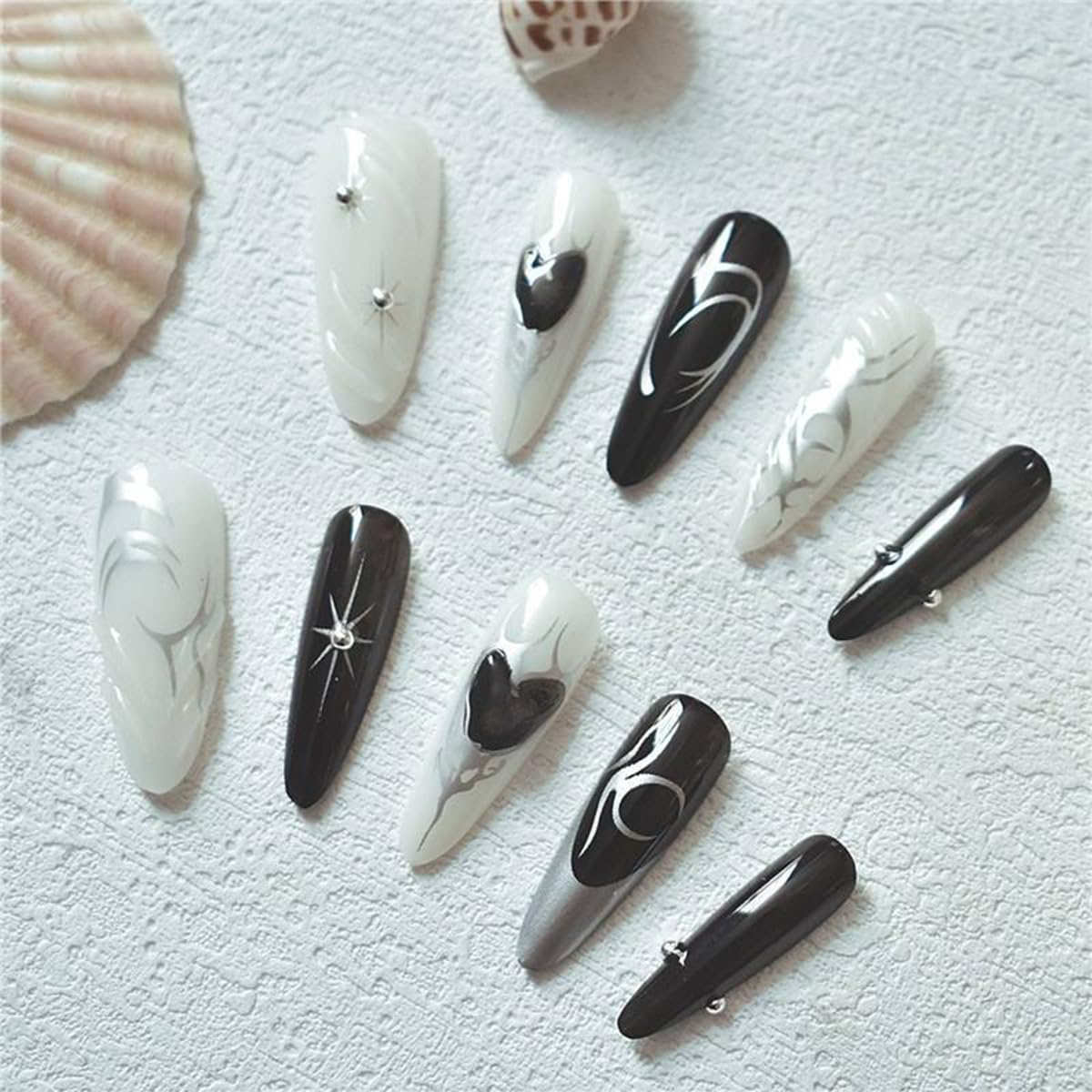 24Pcs Black Press on Nails Medium Almond Fake Nails with Silver Star Heart Rhinestones Designs Glossy Acrylic Full Cover Stick on Nail Gothic Dark Black Style False Nails for Women DIY Nails Salon