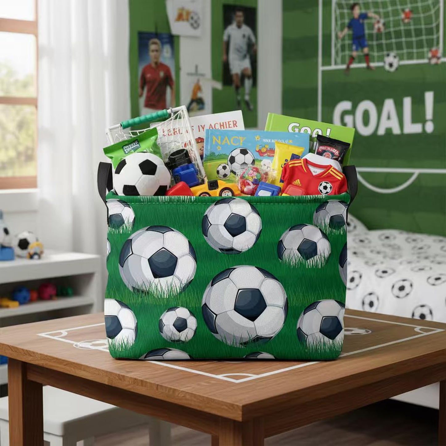 HEFEICZ Kid Rectangular Soccer Basket Baby Toy Storage Bin Organizer Home Room Decor (Green Grass Soccer)
