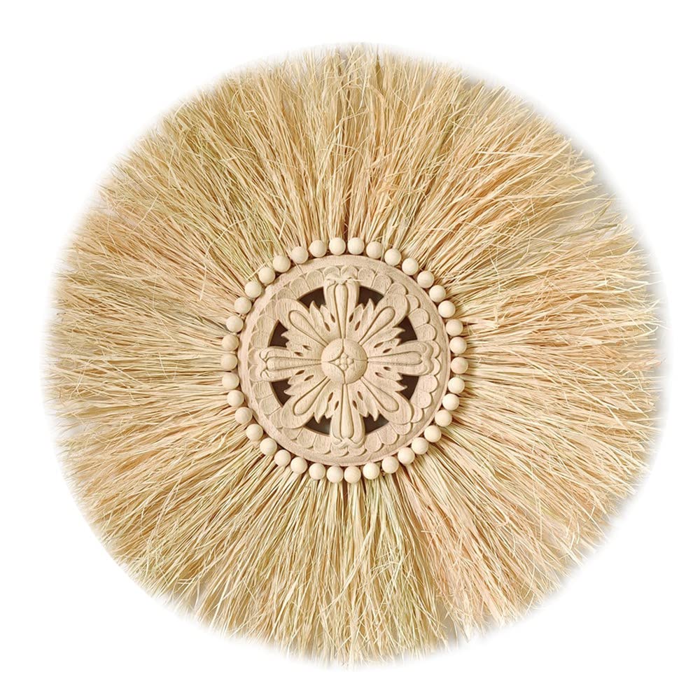 Hlsicnalm Boho Handmade Woven Straw Wall Decor Moroccan Wood Beads Wall Hanging Ornament Round Home Decoration for Living Room D