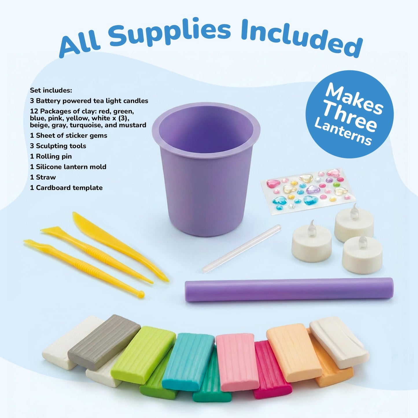 ArtCreativity DIY Clay Lanterns Making Kit - Makes 3 Lanterns and 3 Jewelry Bowls - Kids Lantern Making Kit with 12 Clay Packages, 3 Battery Tea Light Candles, Sticker Gems, and More Craft Supplies