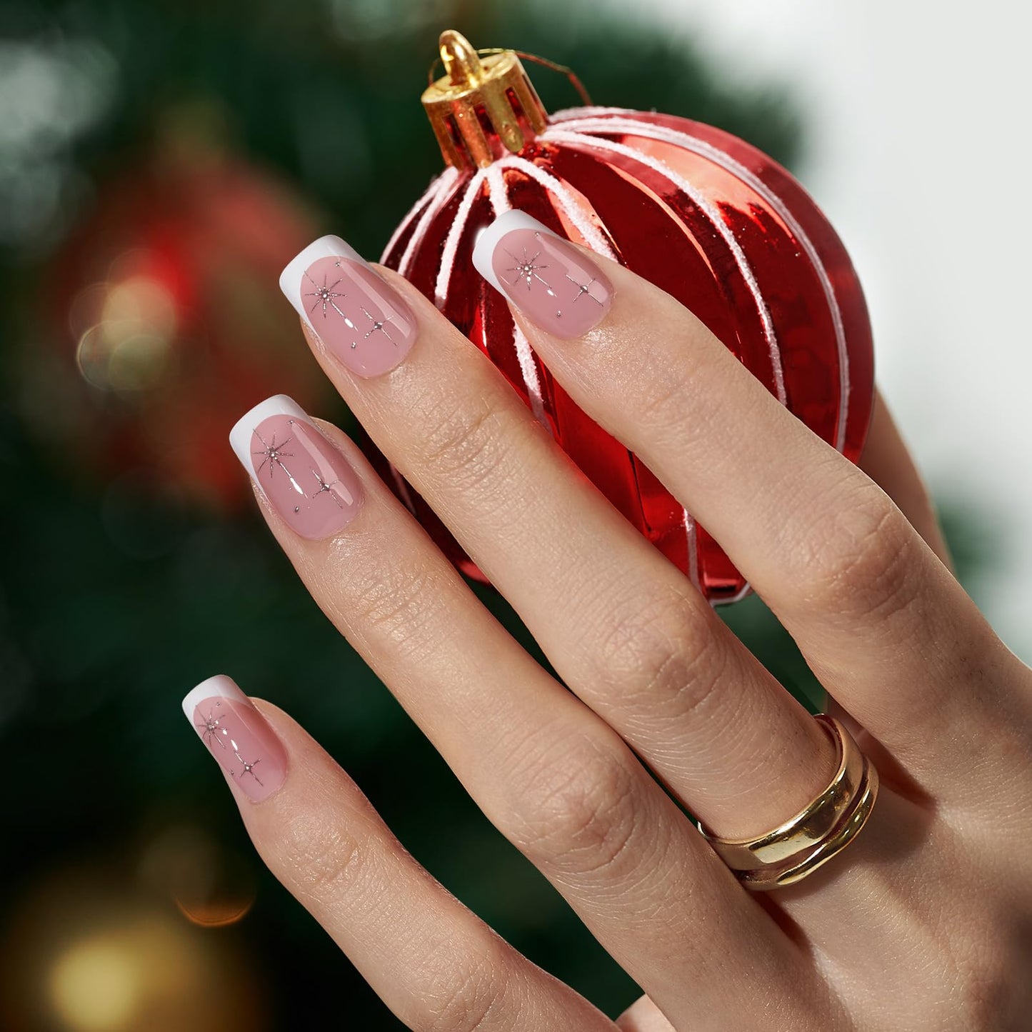 BTArtbox French Tip Press On Nails Short- Christmas Press On Nails with Stars, Natural Soft Gel Glue On Nails with Nail Glue, Black French & Starlit Sparkle