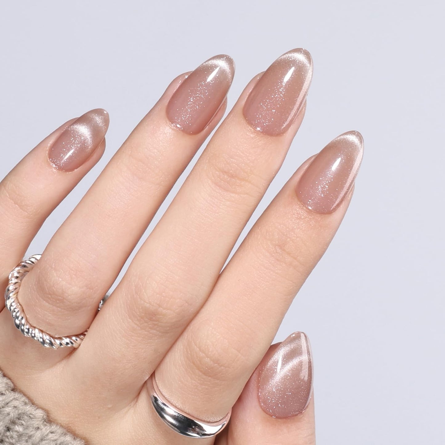 Cat Eye Press On Nails - Short Almond Cat Eye French Tip Press On Nails Press Ons for Women Nude Fake Nails with Glue, Glossy Reusable Glue on Nail in 16 Sizes - 32pcs