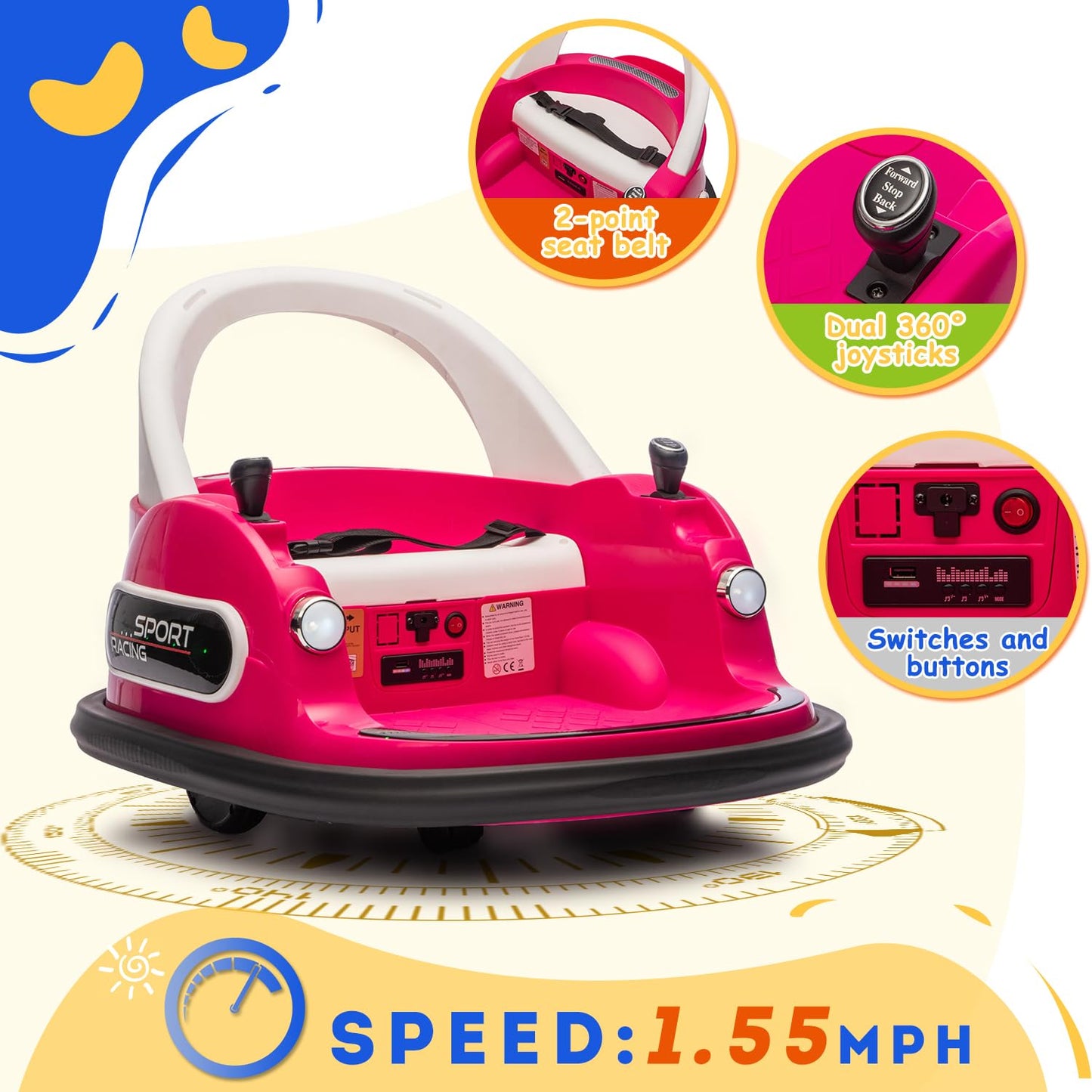 AOKOY Bumper Car for Kids, 12V Kids Ride On Toy with Parent Remote Control, Baby Electric Bumping Car w/ 360 Degree Spin, LED Lights, Rose Pink