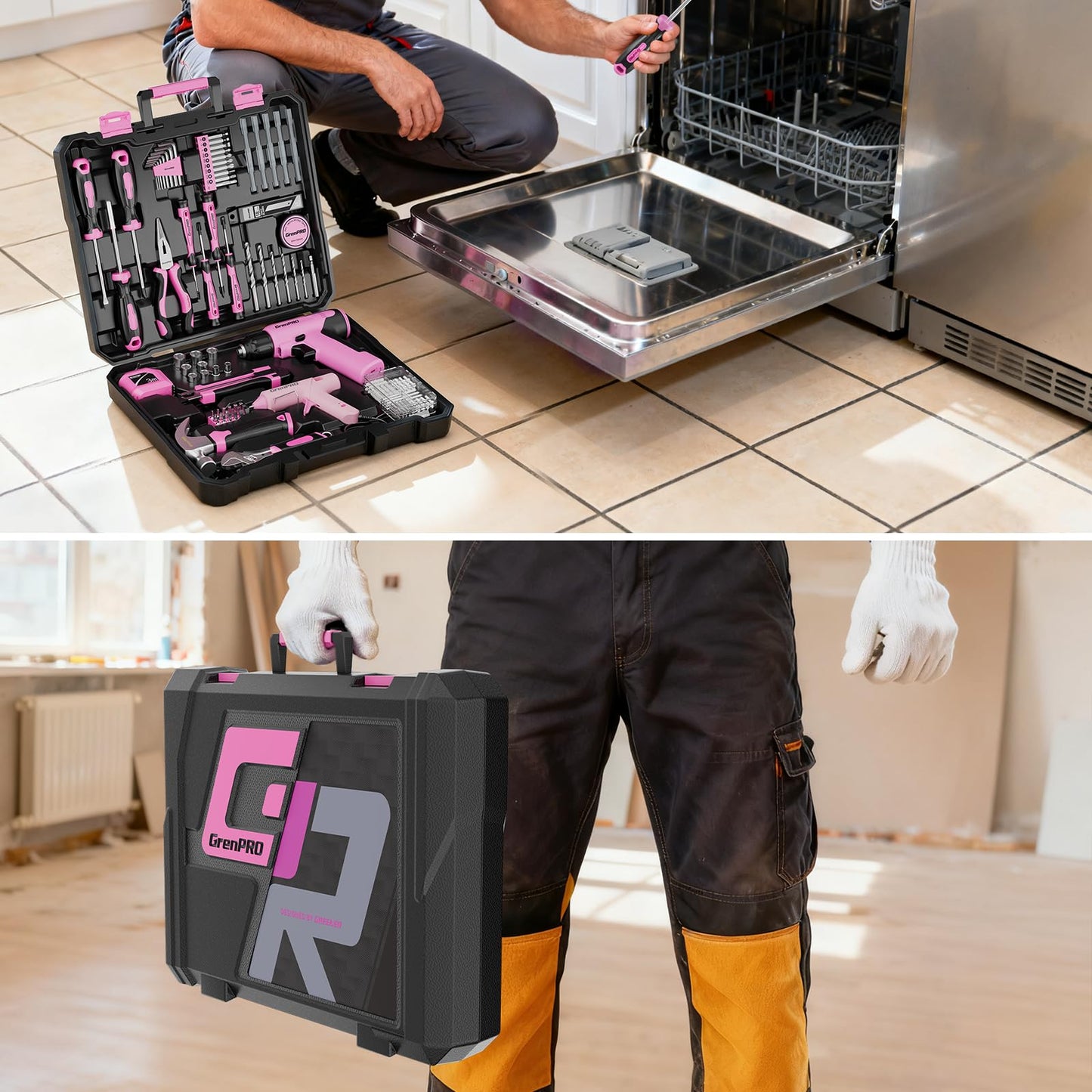 GRENPRO Pink Tool Set Drill Set, 188PCS Tool Kit For Home with Pink Cordless Drill Power, Hand Tool Kit for Women, Basic Household Auto Car Repair Tool Box for Men, Portable Storage Box Tools Sets