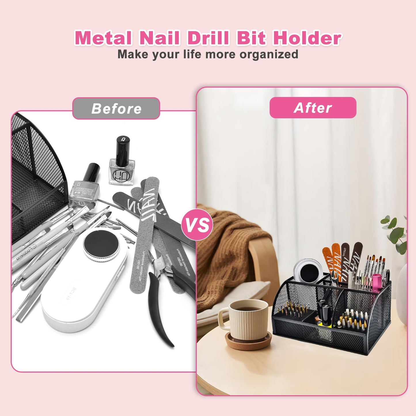 CGBE Nail Drill Bits Holder: 60 Holes Professional Drill Bit Holder for Nails - Mesh Metal Nail Tools Organizer Display Case - Nail Desk Organizer for Nail Tech - Black (Not Included Nail Drill)