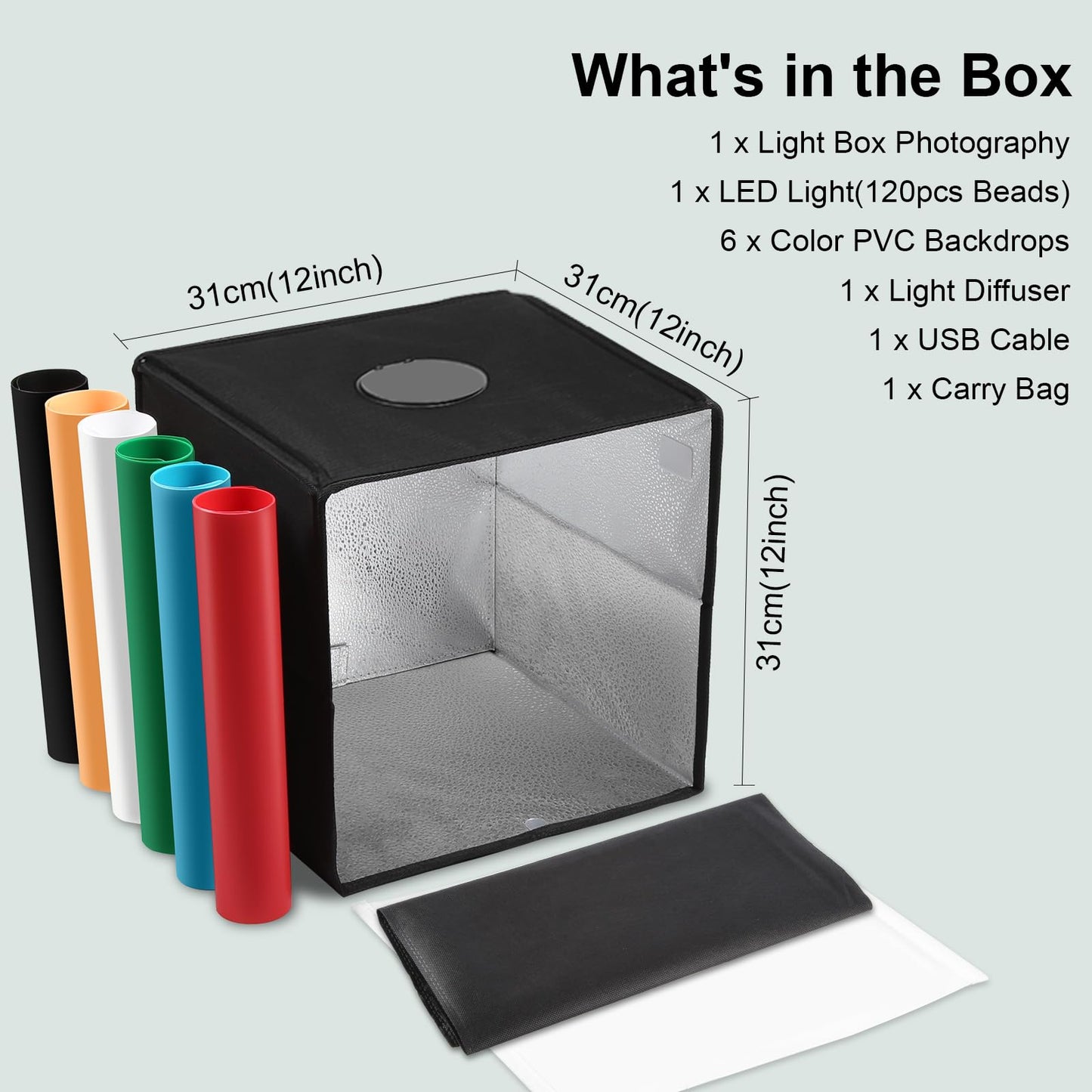 TzezFoz 12x12inch Portable Photo Studio Light Box,Folding Ring Light Box with 3 Modes & 6 Backdrops, Photography Light Tent USB Powered Lighting Tent for Jewelry/Accessories