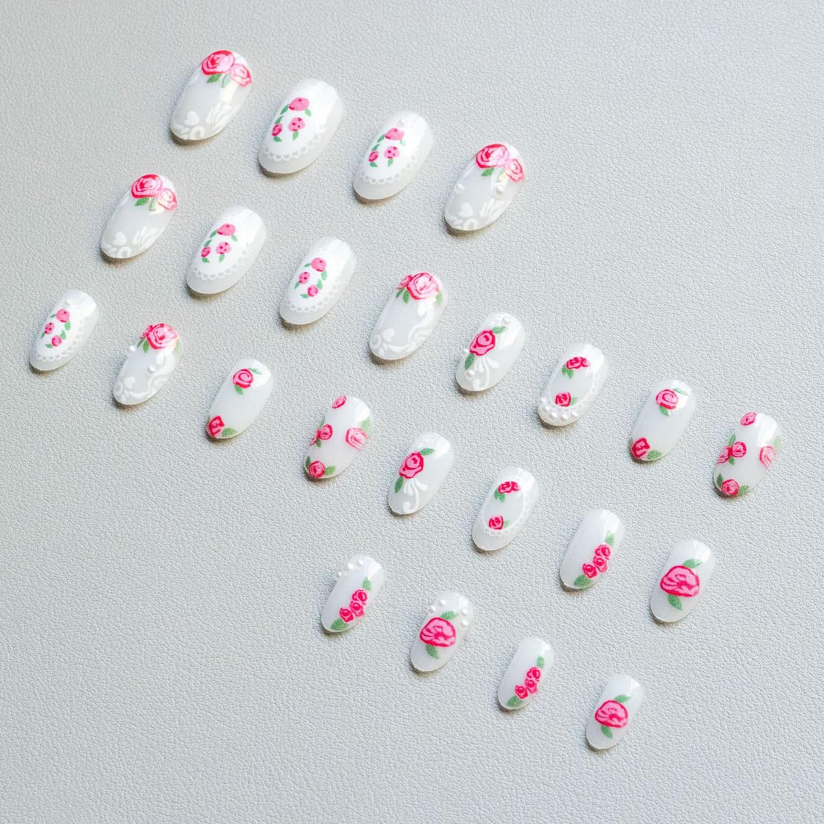 Spring Press on Nails Medium Oval Fake Nails Flower Nails Press ons with Pink Rose Design,Cute Reusable Artificial Nail Full Cover Stick on Nails for Women Manicure 24Pcs