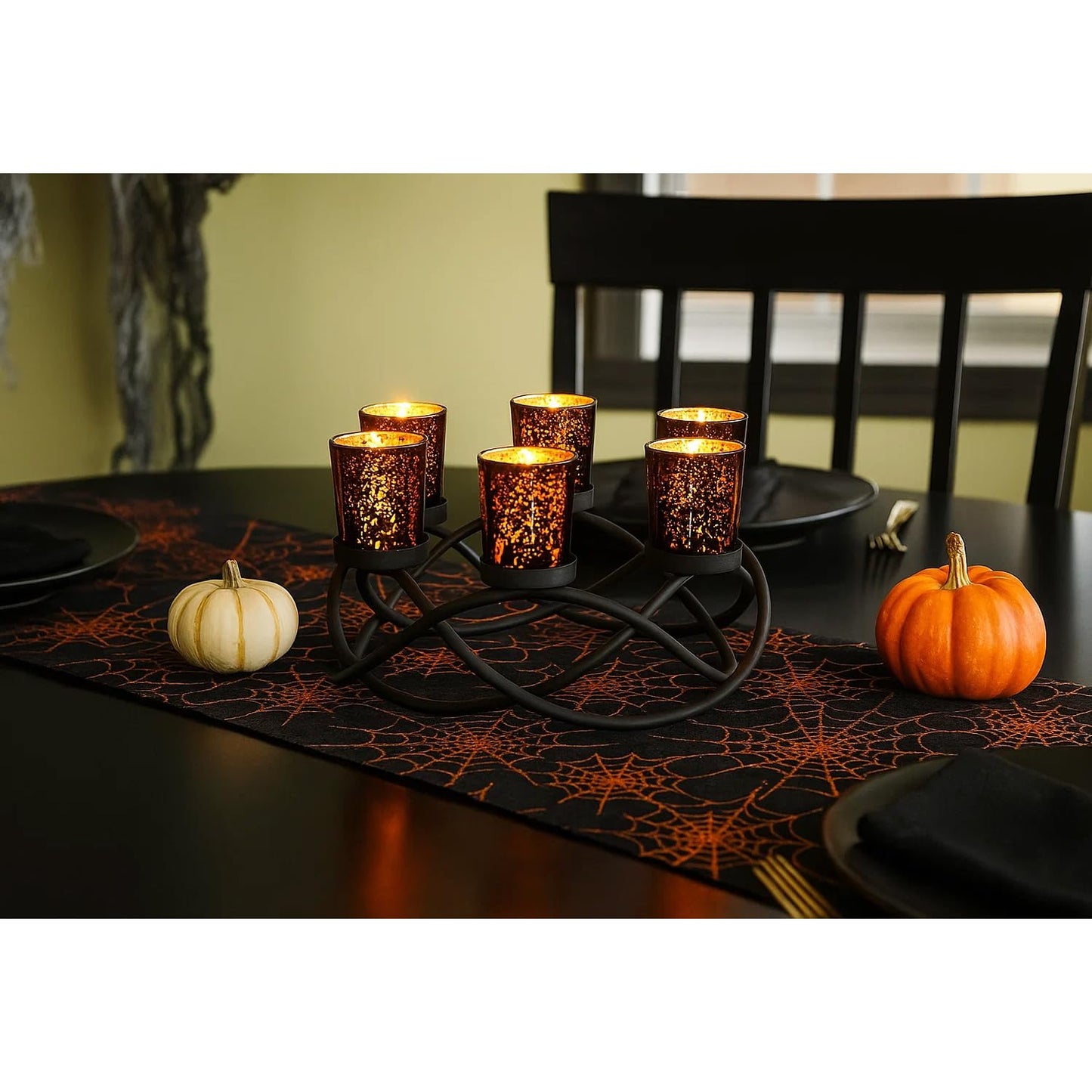 Seraphic Halloween Candle Holder Centerpiece Decoration – Black Metal Iron 6-Cup Votive Tealight Holder for Spooky Table Gothic Decor, Kitchen & Dining Room, Coffee Tables